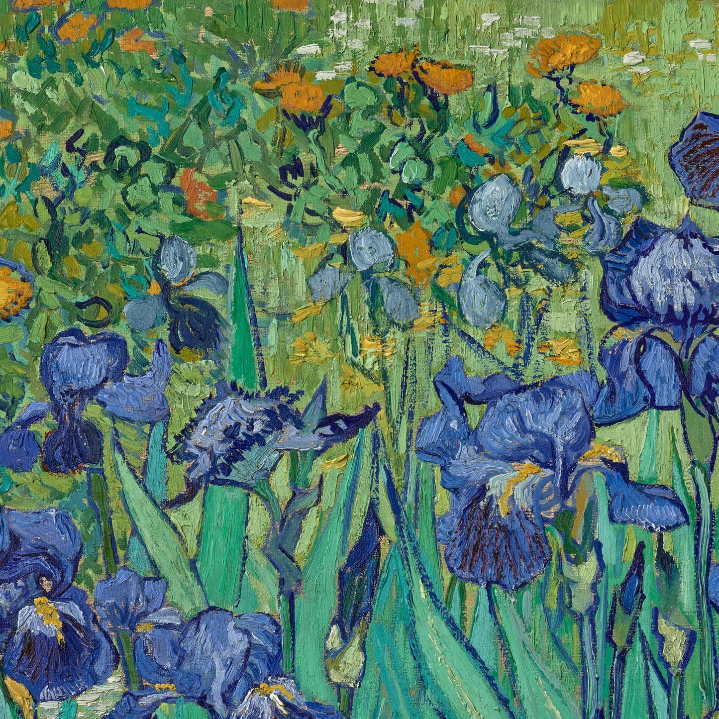 Violet-blue irises beneath orange marigolds and pale blue iris buds — design detail from Van Gogh's Irises.