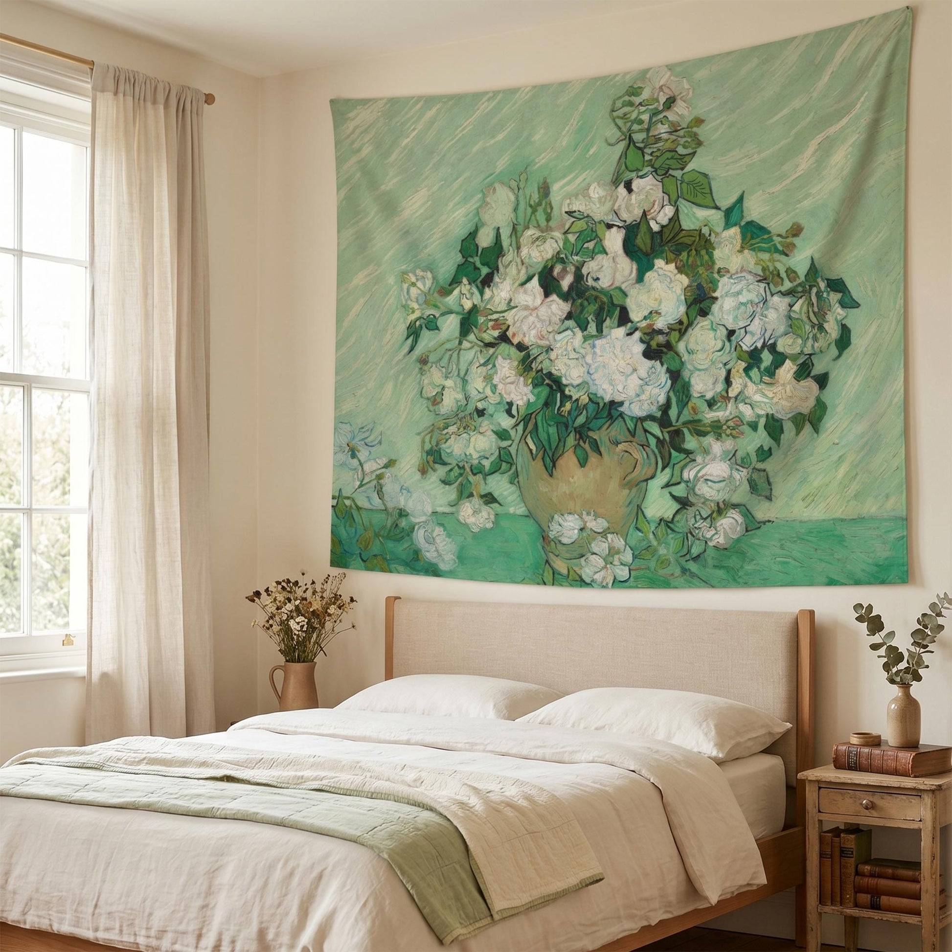 Van Gogh White Roses wall tapestry hung above a serene cottagecore bedroom in soft sage green tones.