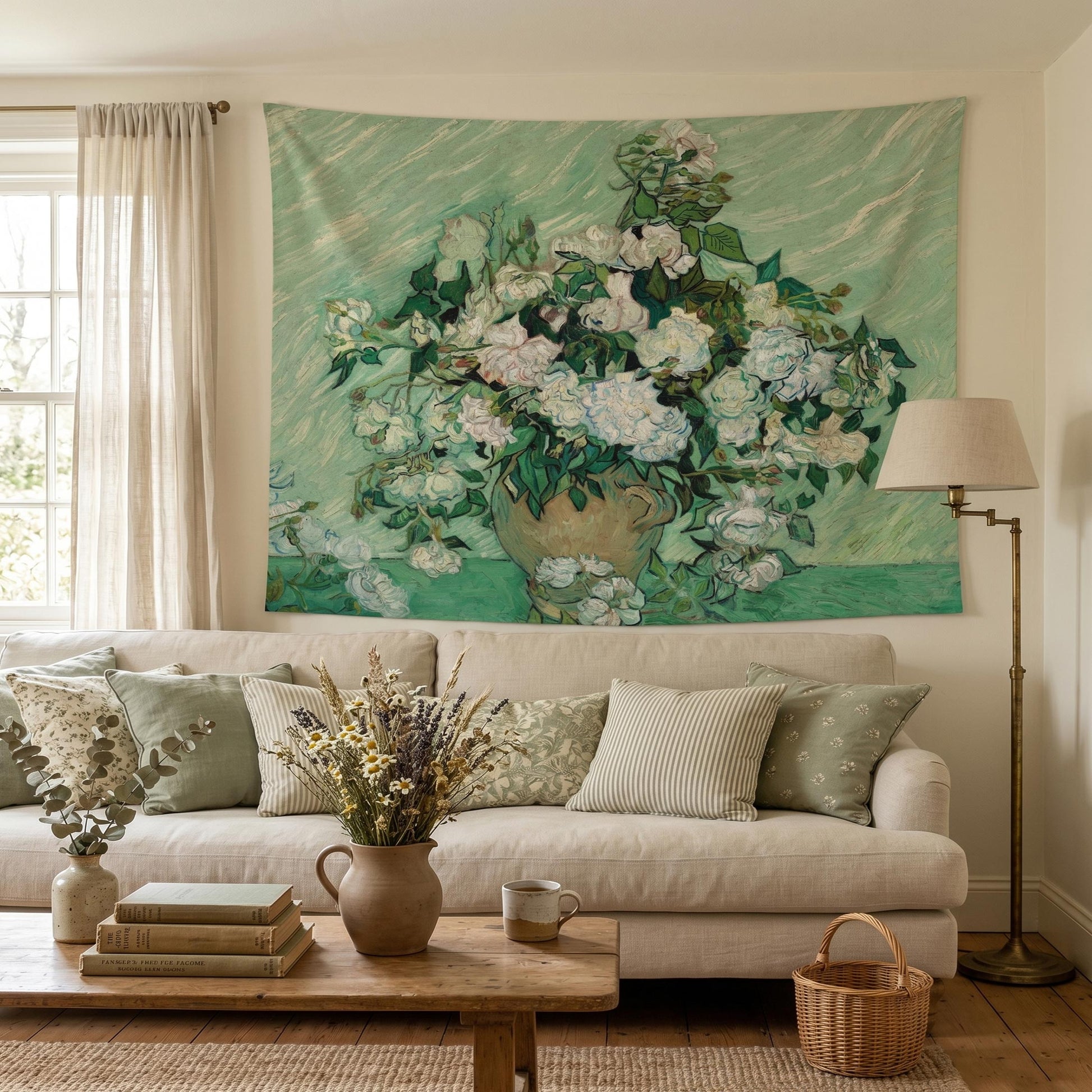 Van Gogh White Roses wall tapestry in a warm cottagecore living room with a linen sofa, vintage cushions, and sage green decor.