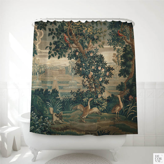 French verdure chateau garden shower curtain over a white bathtub — 18th-century woven scene with formal gardens, fountains, and a distant chateau by Decorvm.