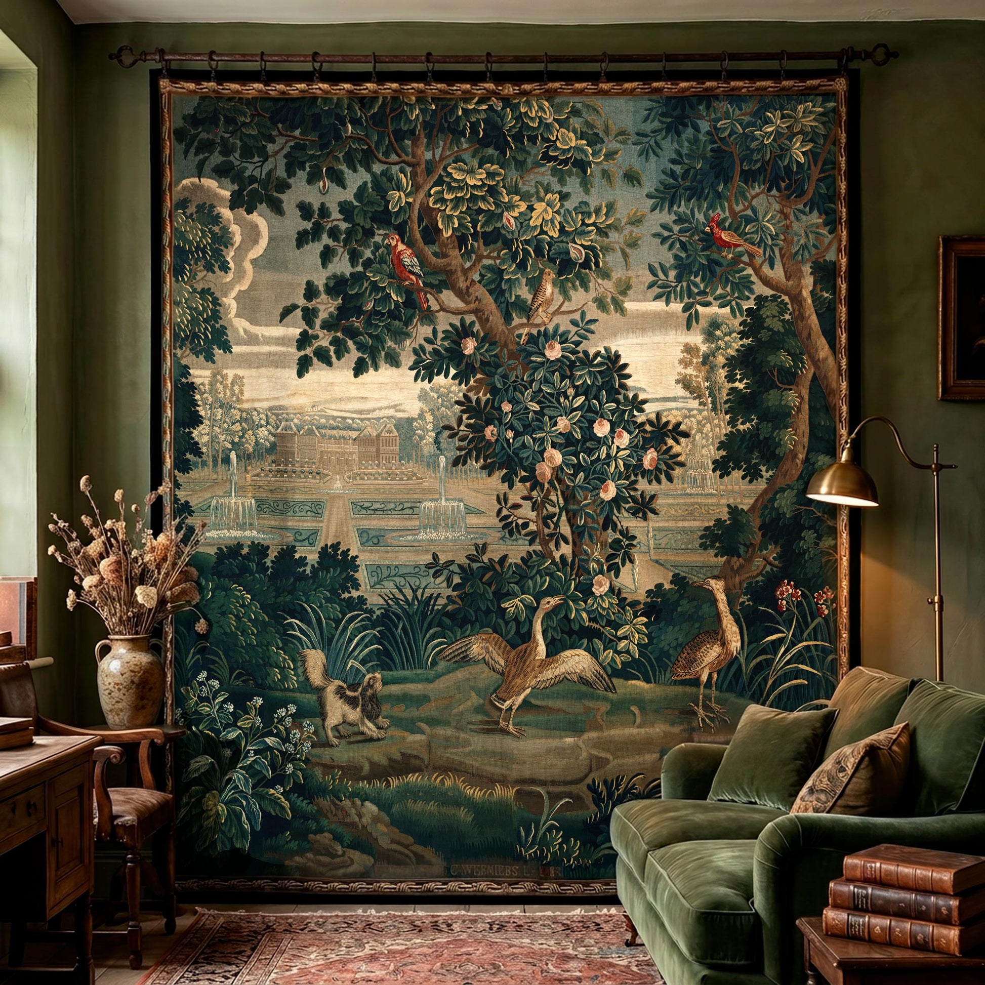 Verdure Chateau Garden Wall Tapestry styled in a dark academia living room with green velvet sofa, Persian rug, and brass lamp — French cottagecore decor