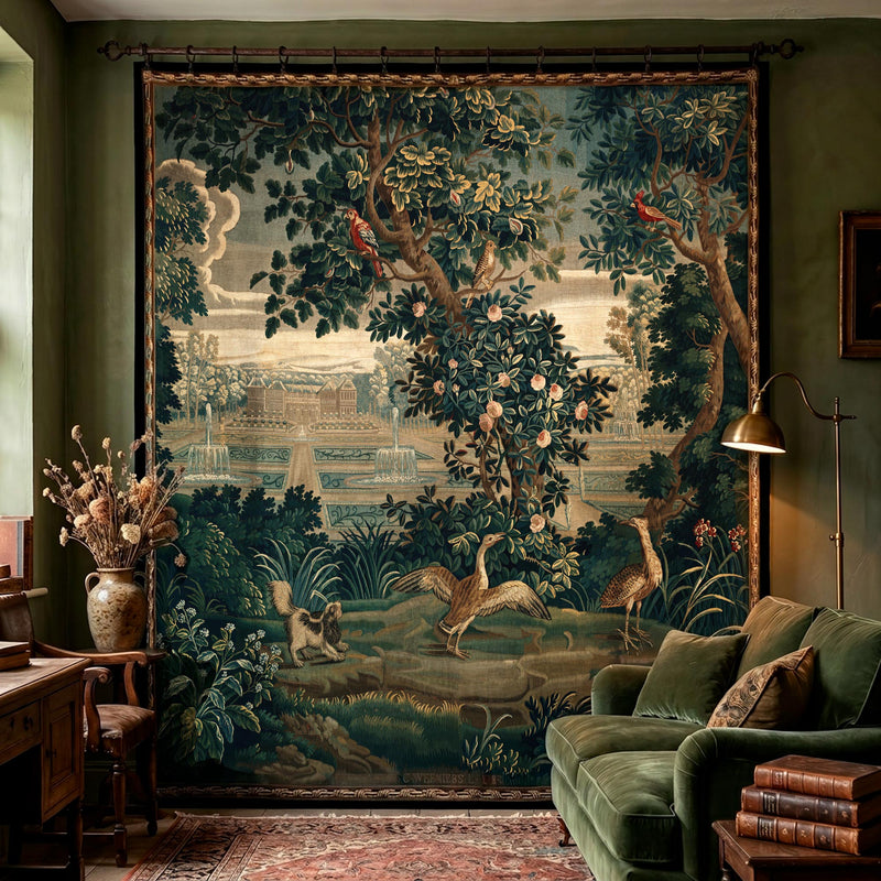 Verdure Chateau Garden Wall Tapestry styled in a dark academia living room with green velvet sofa, Persian rug, and brass lamp — French cottagecore decor
