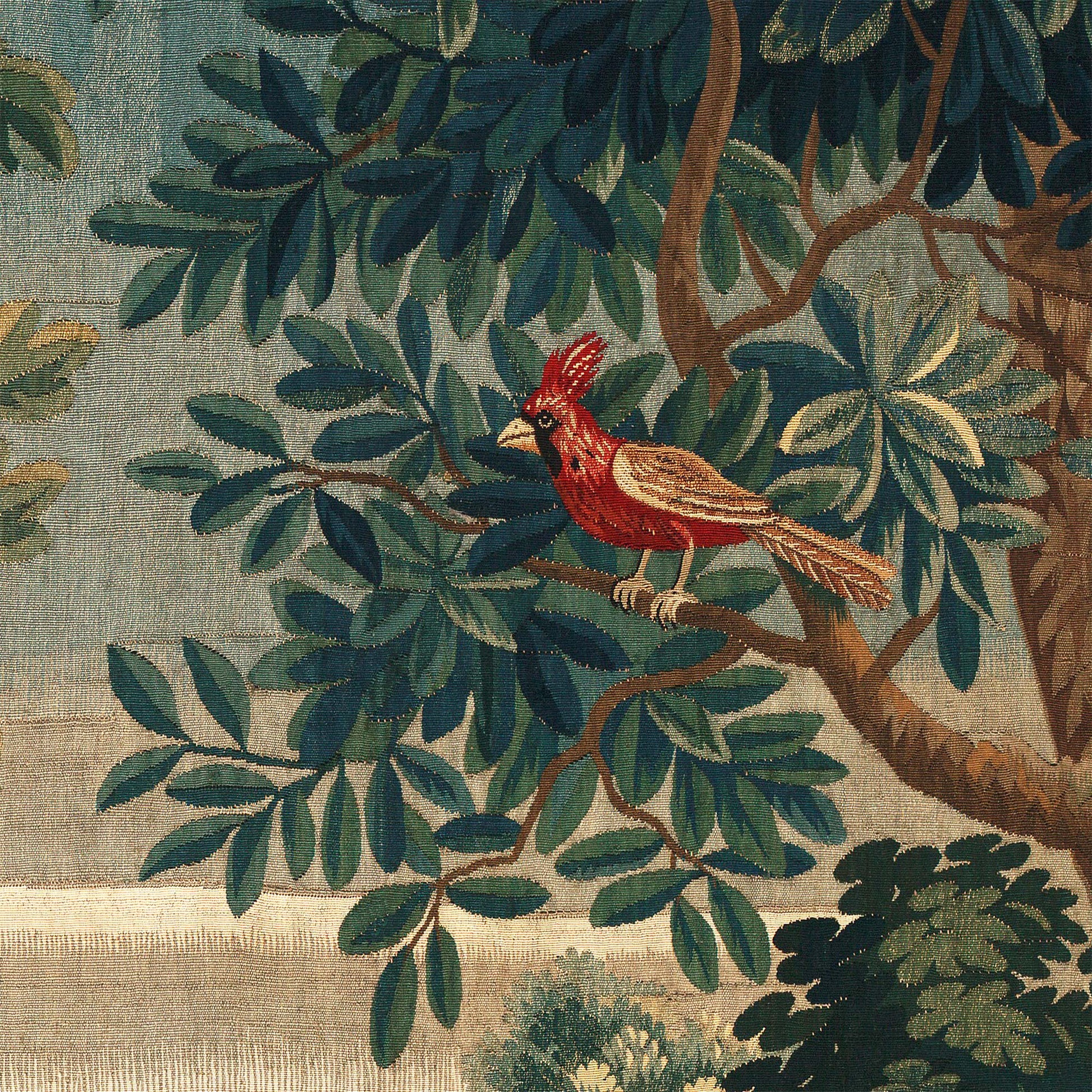 Red crested bird on a branch among dark green elongated leaves — design detail from the 18th-century French verdure chateau garden.