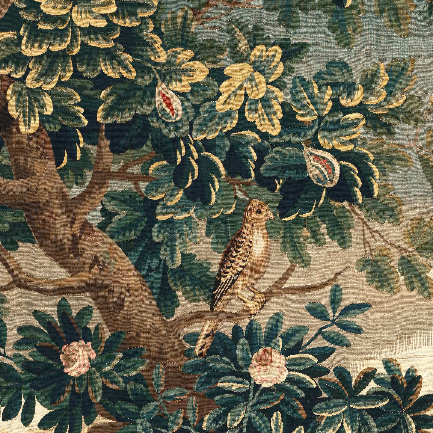 Small speckled brown bird on a branch beside pink roses and ripening figs — design detail from the 18th-century French verdure chateau garden.