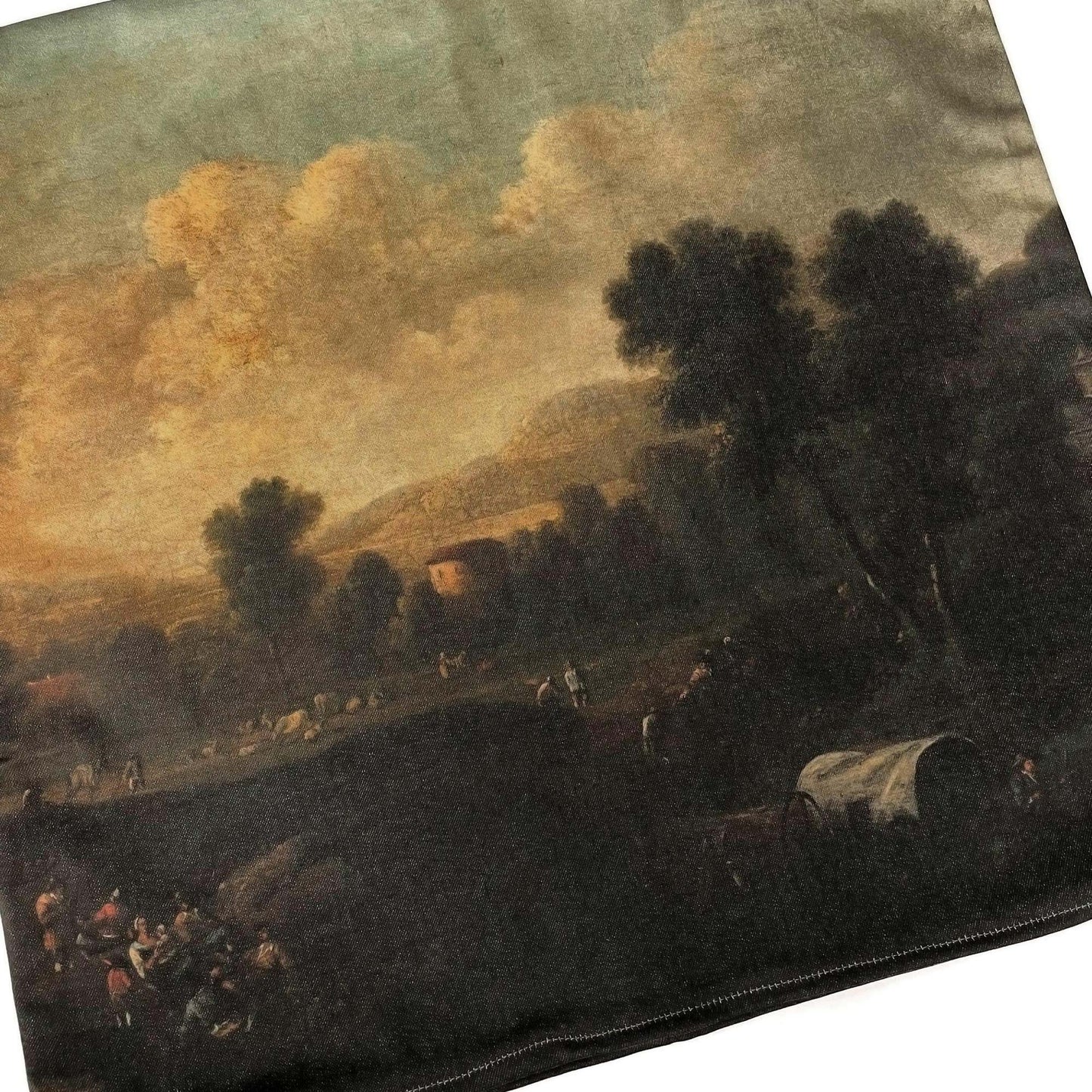 Close-up of painted trees, cloudy skies, and figures — painting detail from the 18th-century Dutch pastoral landscape.