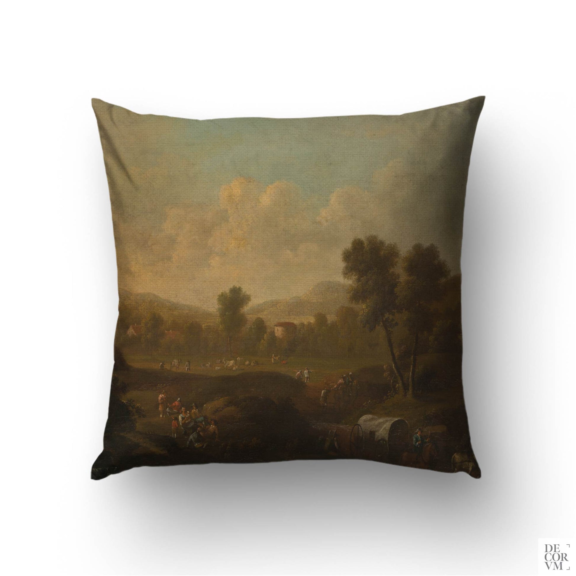 Dutch pastoral landscape throw pillow cover — 18th-century mountainous scene with resting figures and a covered wagon by Decorvm.