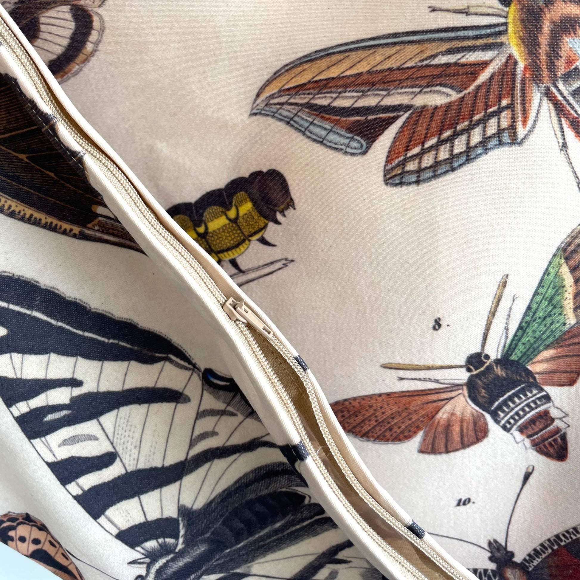Hidden zipper construction on the vintage entomology butterfly cushion cover.
