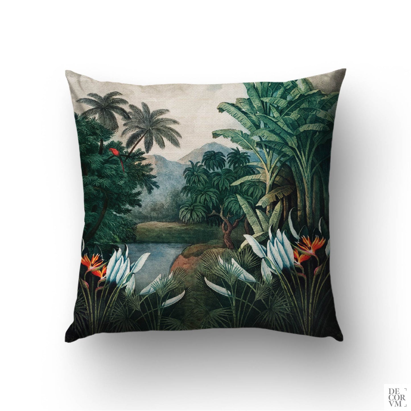 Vintage tropical jungle throw pillow cover on a sofa — 19th-century botanical scene with palms, birds of paradise, and a red parrot by Decorvm.