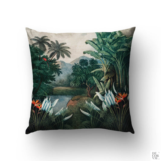 Vintage tropical jungle throw pillow cover on a sofa — 19th-century botanical scene with palms, birds of paradise, and a red parrot by Decorvm.