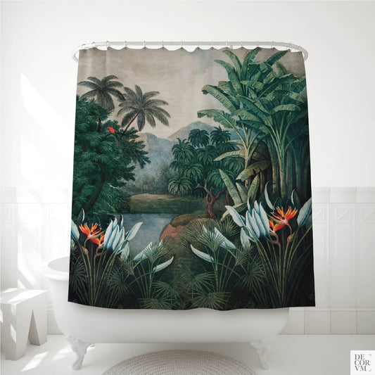 Vintage tropical jungle shower curtain draped over a white bathtub — 19th-century botanical scene with palms and a red parrot by Decorvm.