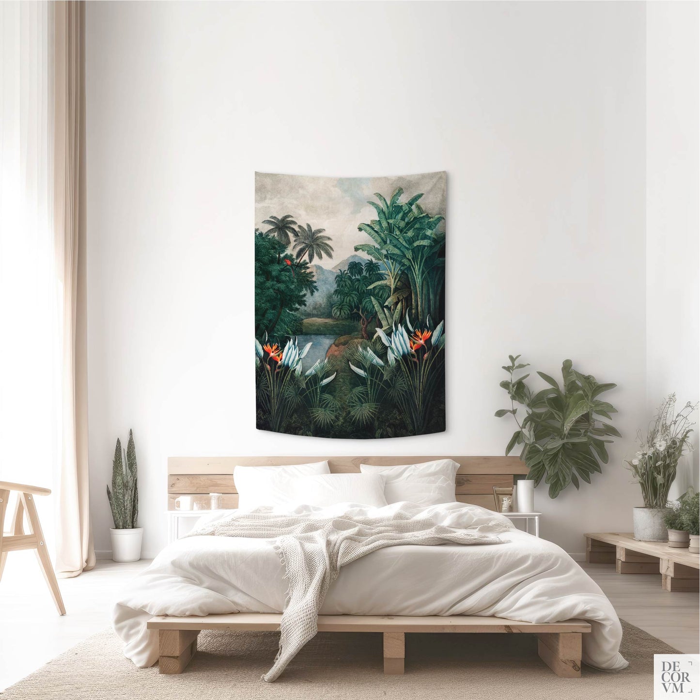 A small-sized tropical landscape hanging tapestry displayed over a bed, showcasing a vintage jungle scene with vibrant bird of paradise flowers.