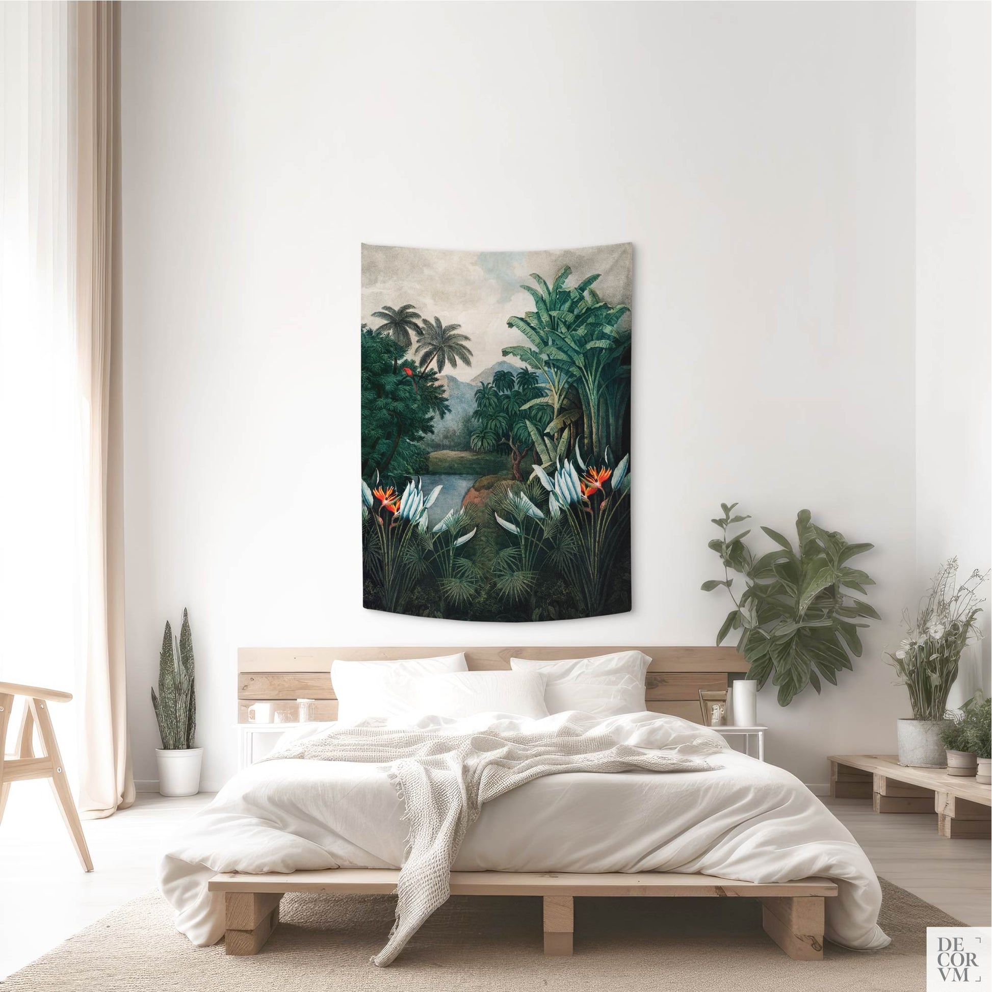 A small-sized tropical landscape hanging tapestry displayed over a bed, showcasing a vintage jungle scene with vibrant bird of paradise flowers.