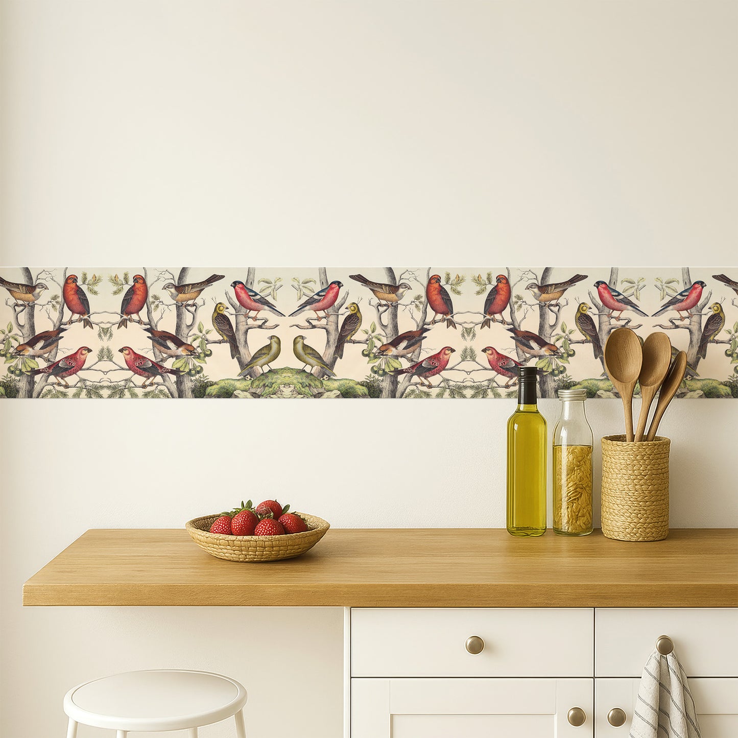 Vintage finches peel and stick wall border — warm wooden kitchen counter with strawberries and cooking utensils, cottagecore styling
