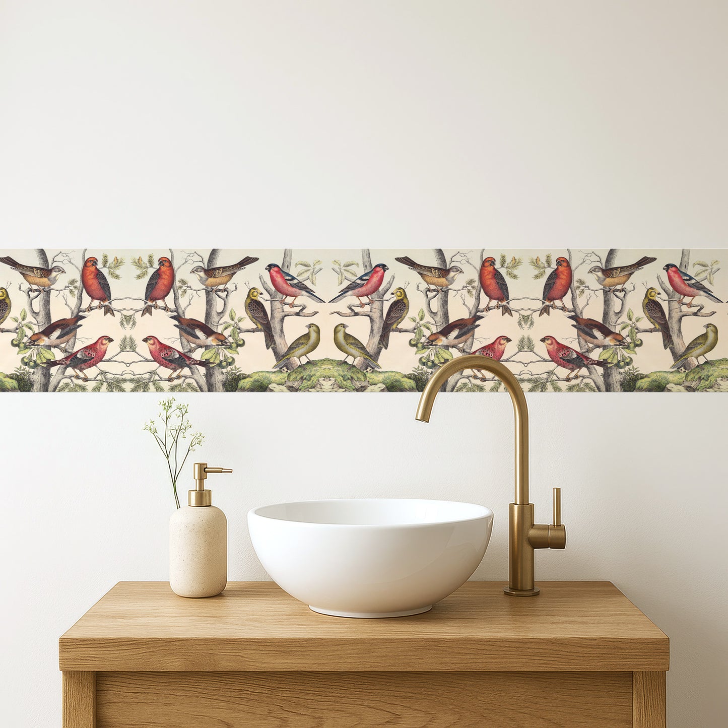 Vintage finches peel and stick wall border — elegant bathroom above a natural wood vanity and brass faucet, botanical bird decor