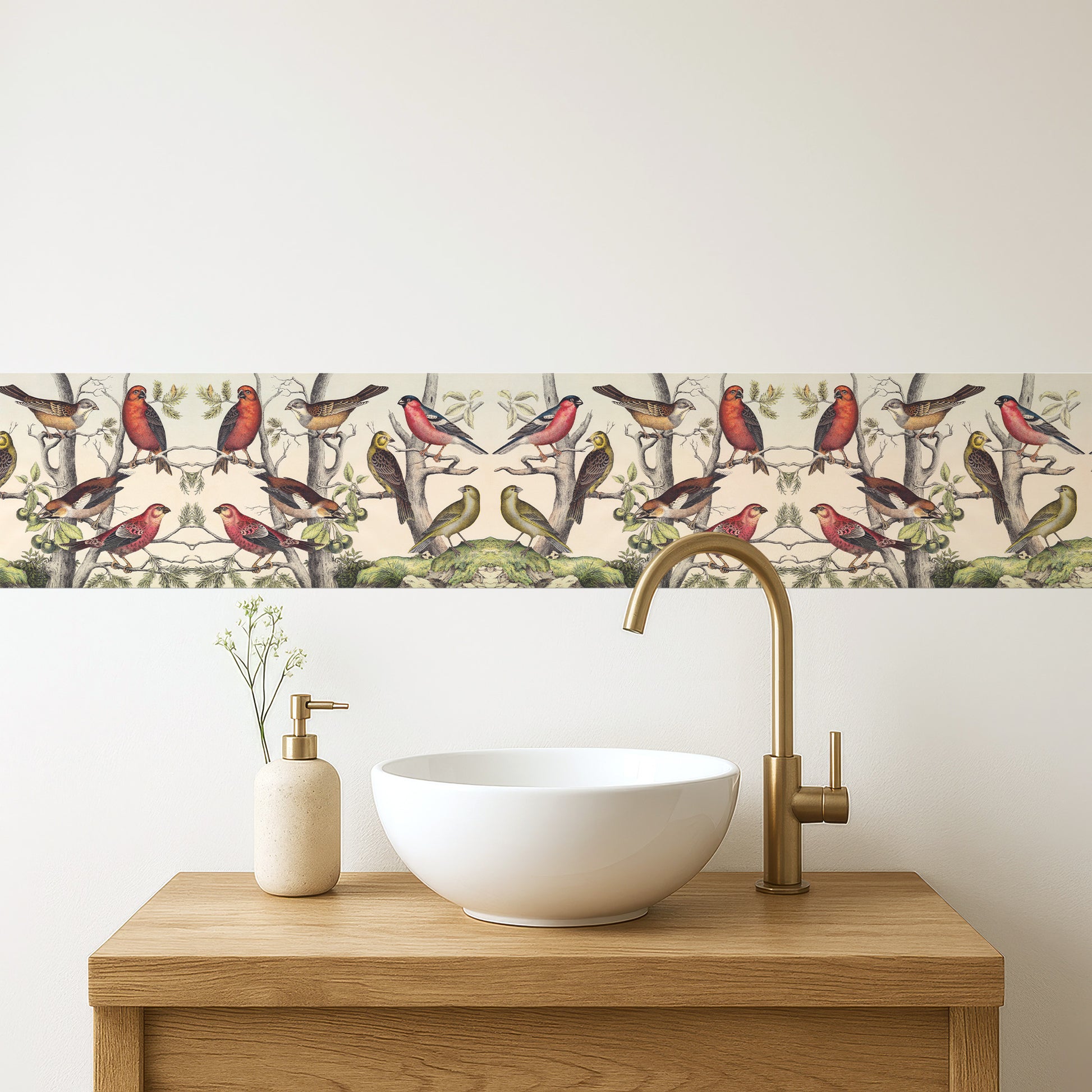 Vintage finches peel and stick wall border — elegant bathroom above a natural wood vanity and brass faucet, botanical bird decor