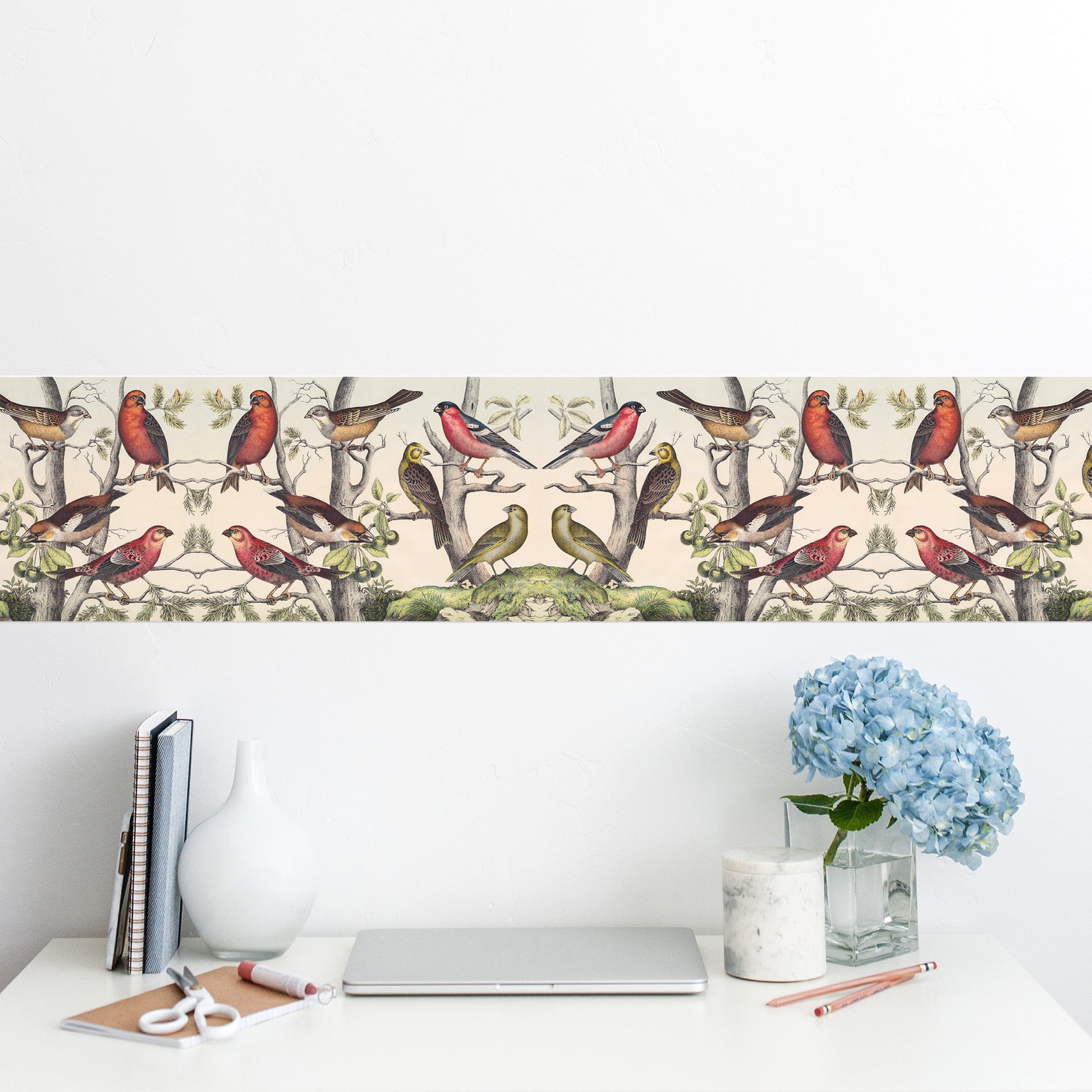 Vintage finches peel and stick wall border — 19th-century natural history bird decor above a home office workspace with laptop and blue hydrangeas by Decorvm