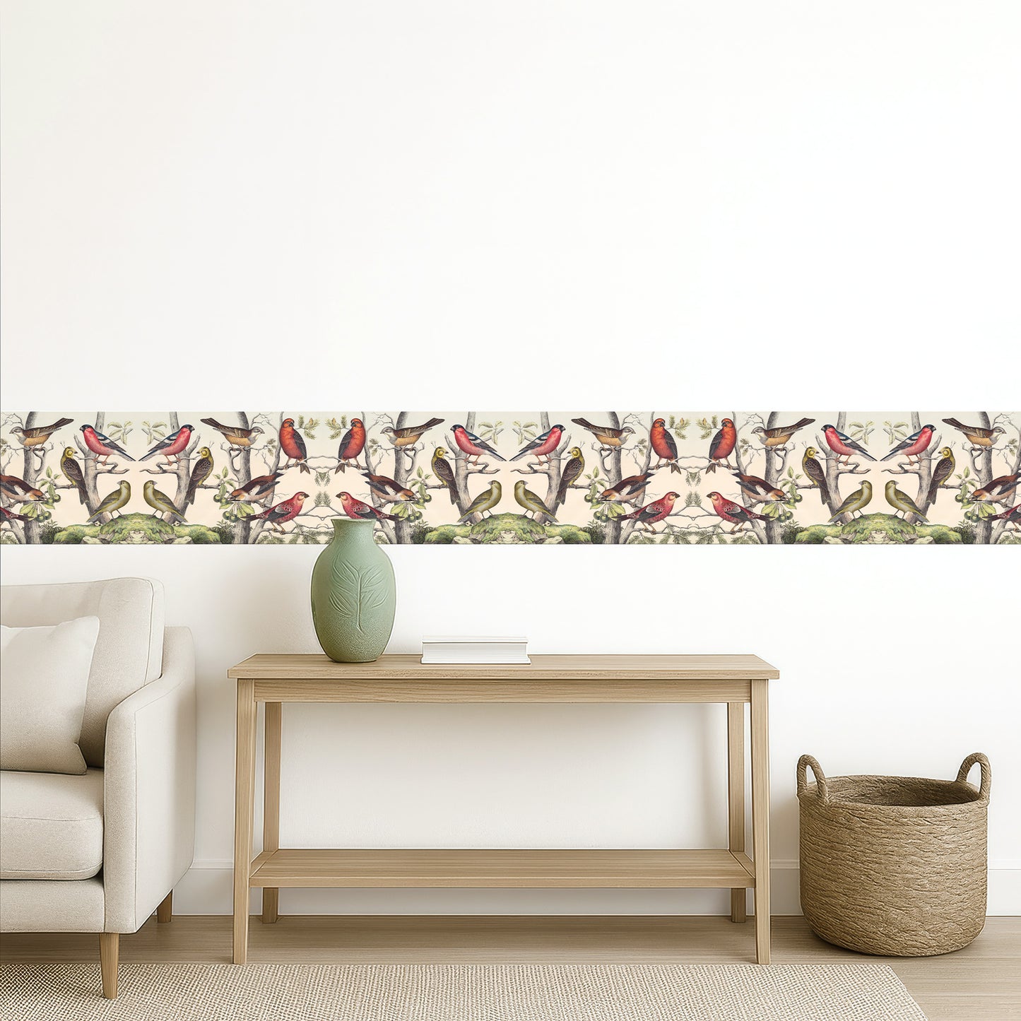 Vintage finches peel and stick wall border — serene living room above a light wood console table and woven basket, natural history decor