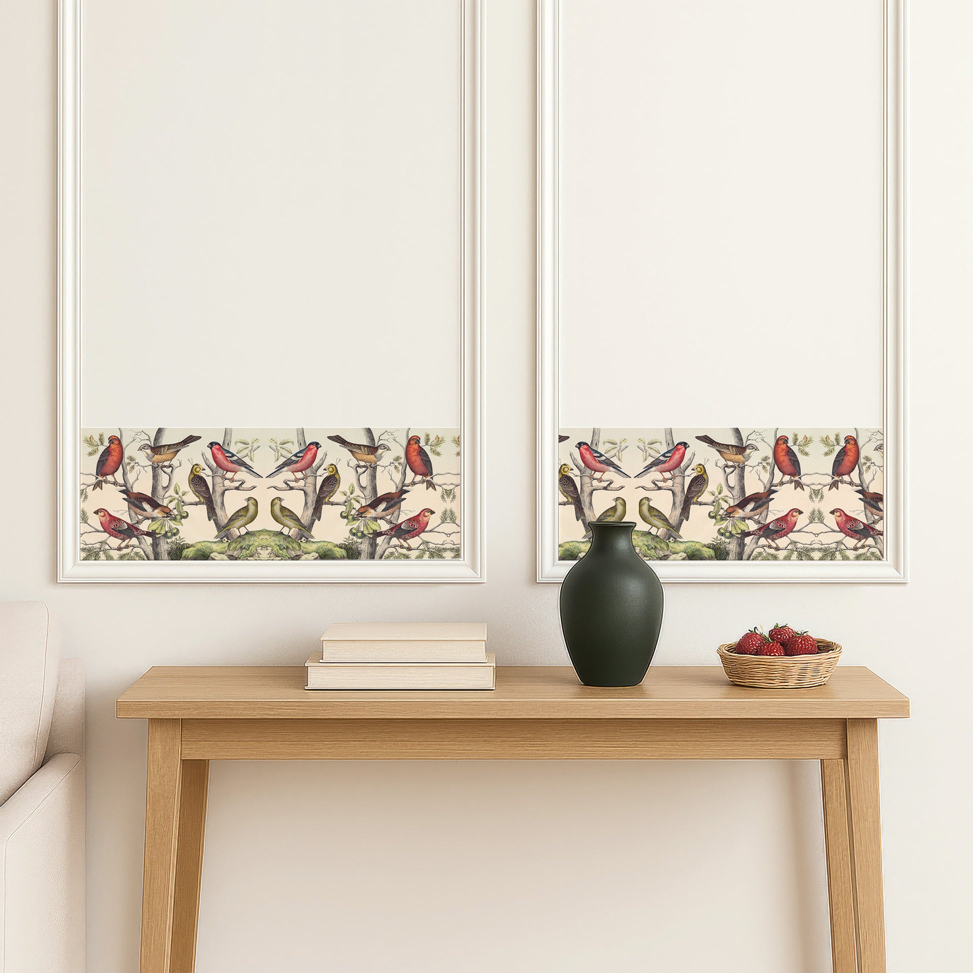 Vintage finches peel and stick wall border — classic white wall moulding framing sections above a wooden entryway table