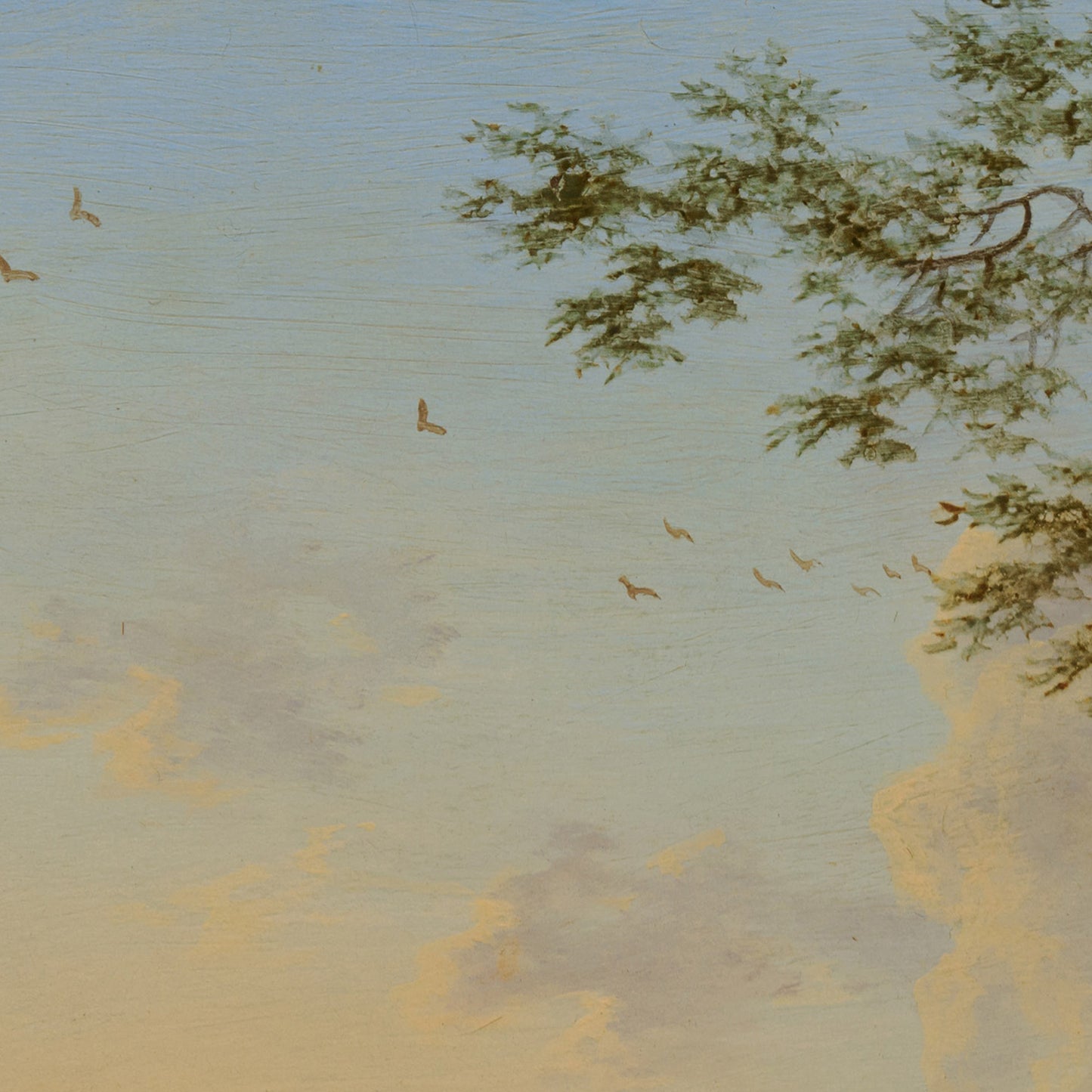 Italian mountain landscape artwork detail — soft blue sky with flying birds and delicate tree foliage in vintage oil painting style