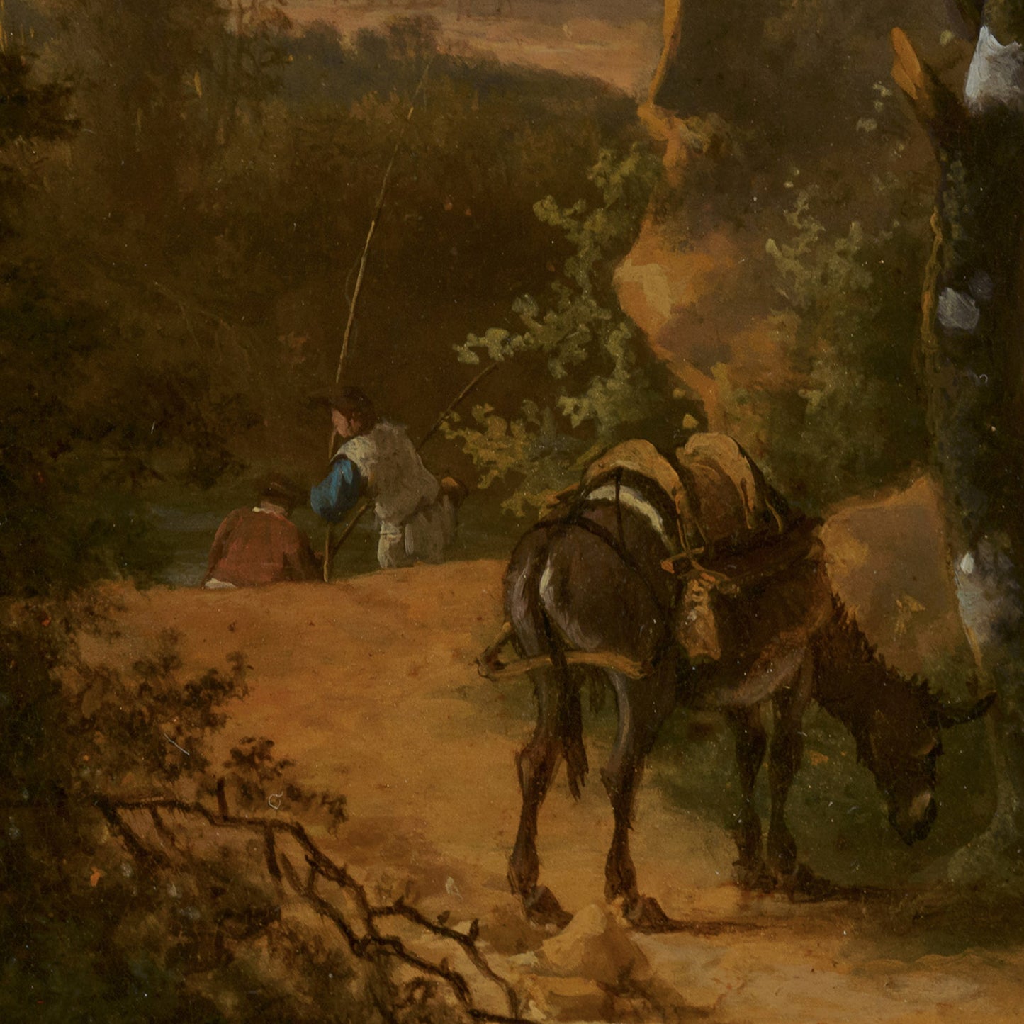 Italian mountain landscape artwork detail — travelers fishing by a river and a pack mule laden with goods in rustic 17th-century narrative