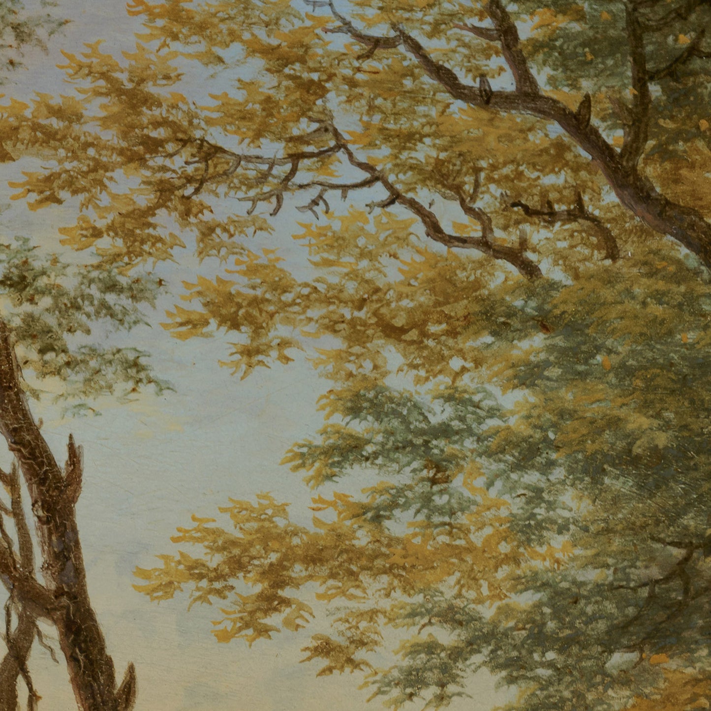 Italian mountain landscape artwork detail — tree branches and golden foliage against a blue sky showing intricate oil painting brushwork