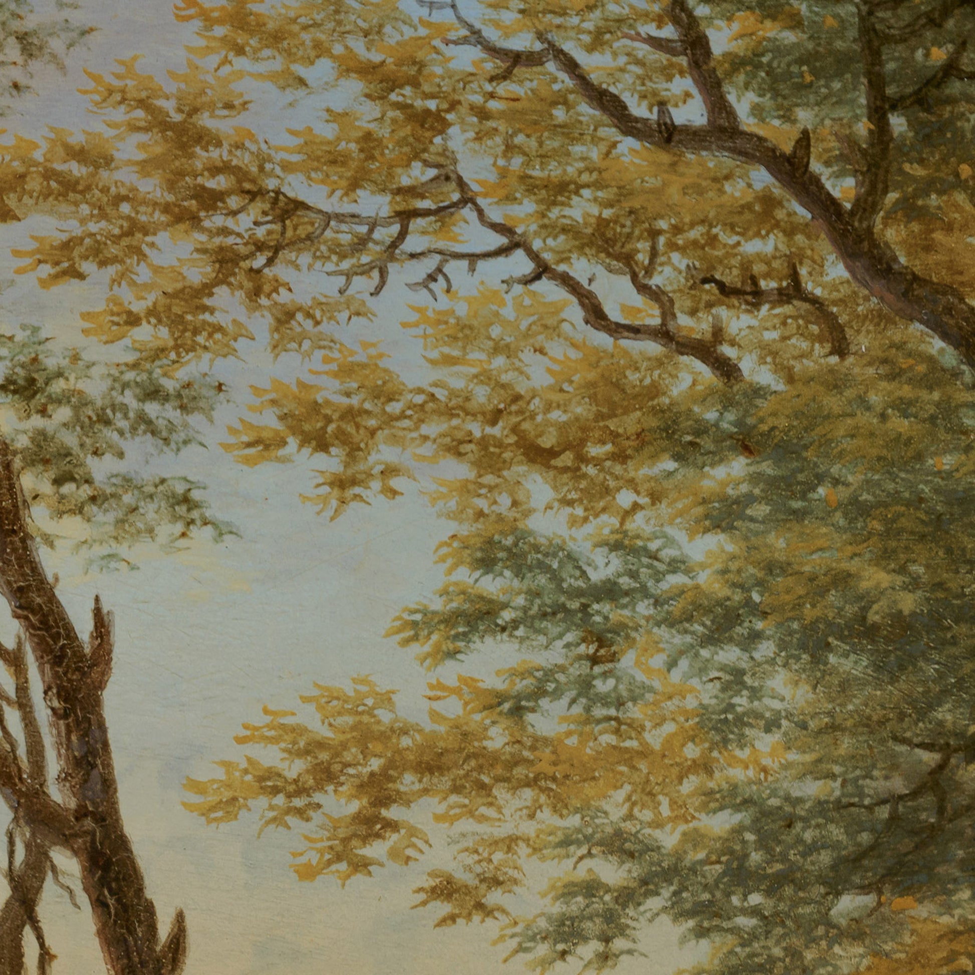 Italian mountain landscape artwork detail — tree branches and golden foliage against a blue sky showing intricate oil painting brushwork