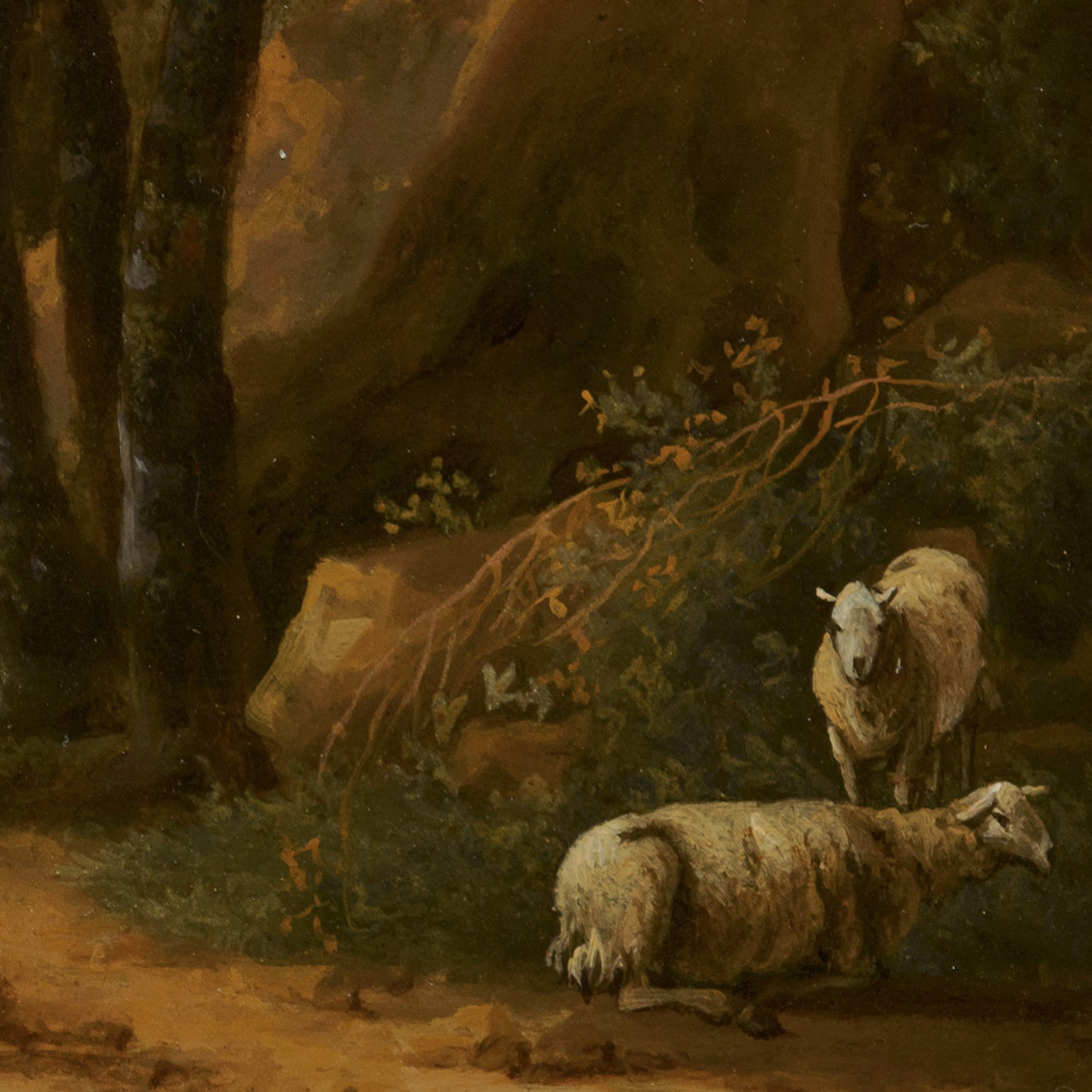 Italian mountain landscape artwork detail — sheep resting in the shadows of rugged rocks and trees in serene countryside style