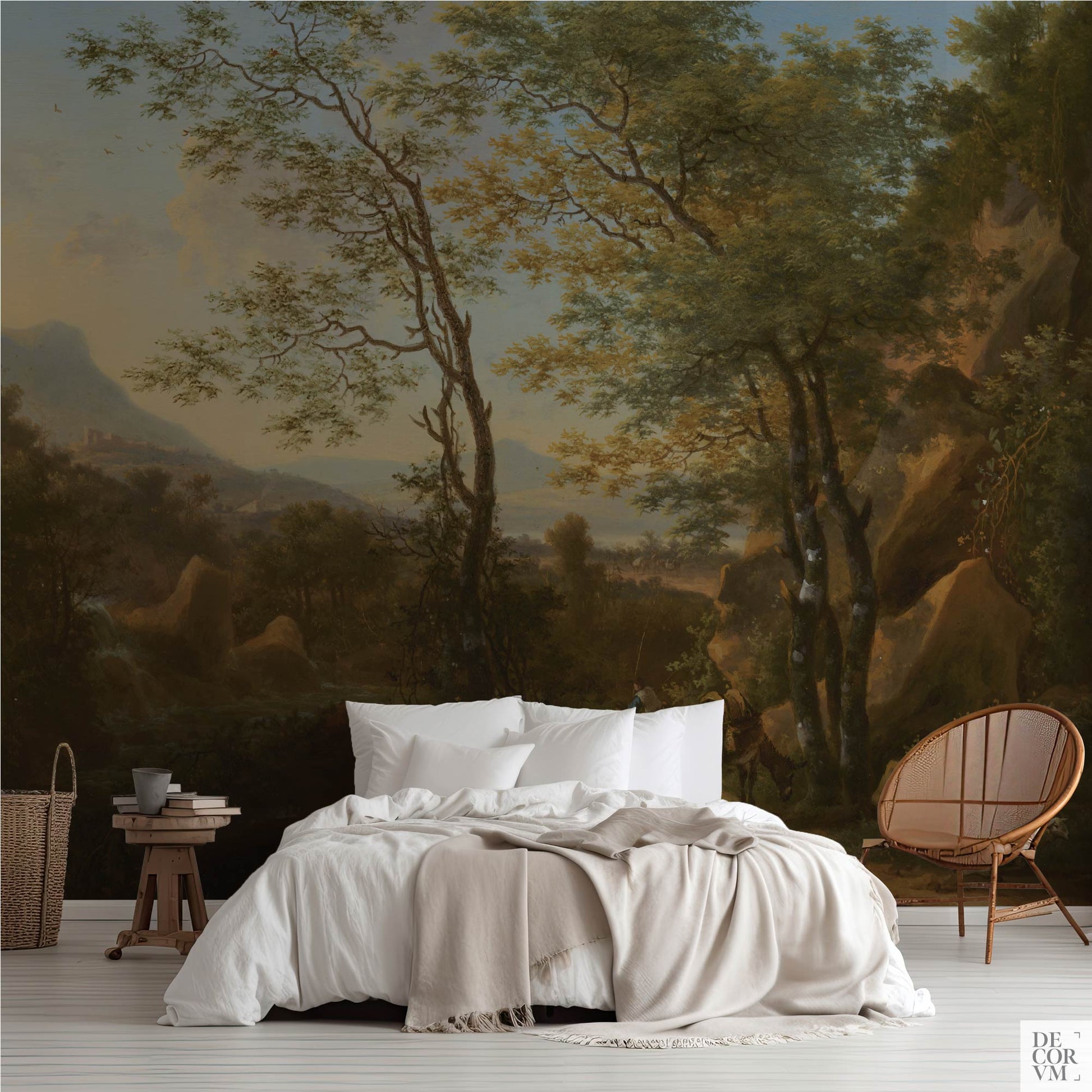 Italian mountain landscape wallpaper mural in a bright bedroom — 17th-century vintage scene with rugged cliffs and golden light behind a white bed