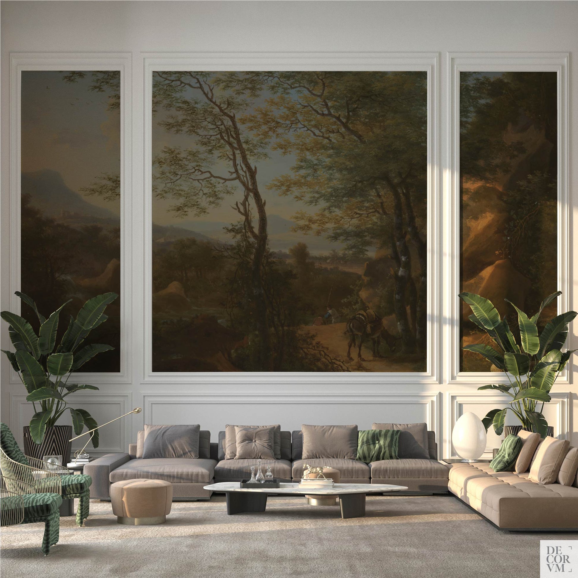 Italian mountain landscape wallpaper mural in a luxurious living room — framed within classic white wall moulding as a grand triptych feature wall