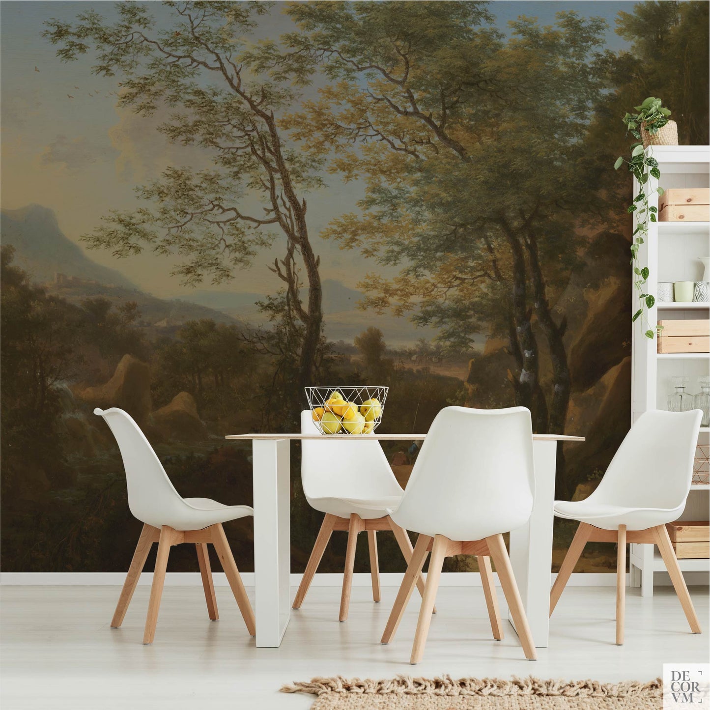 Italian mountain landscape wallpaper mural in a modern dining space — vintage scenic backdrop with white modern chairs and warm earth tones