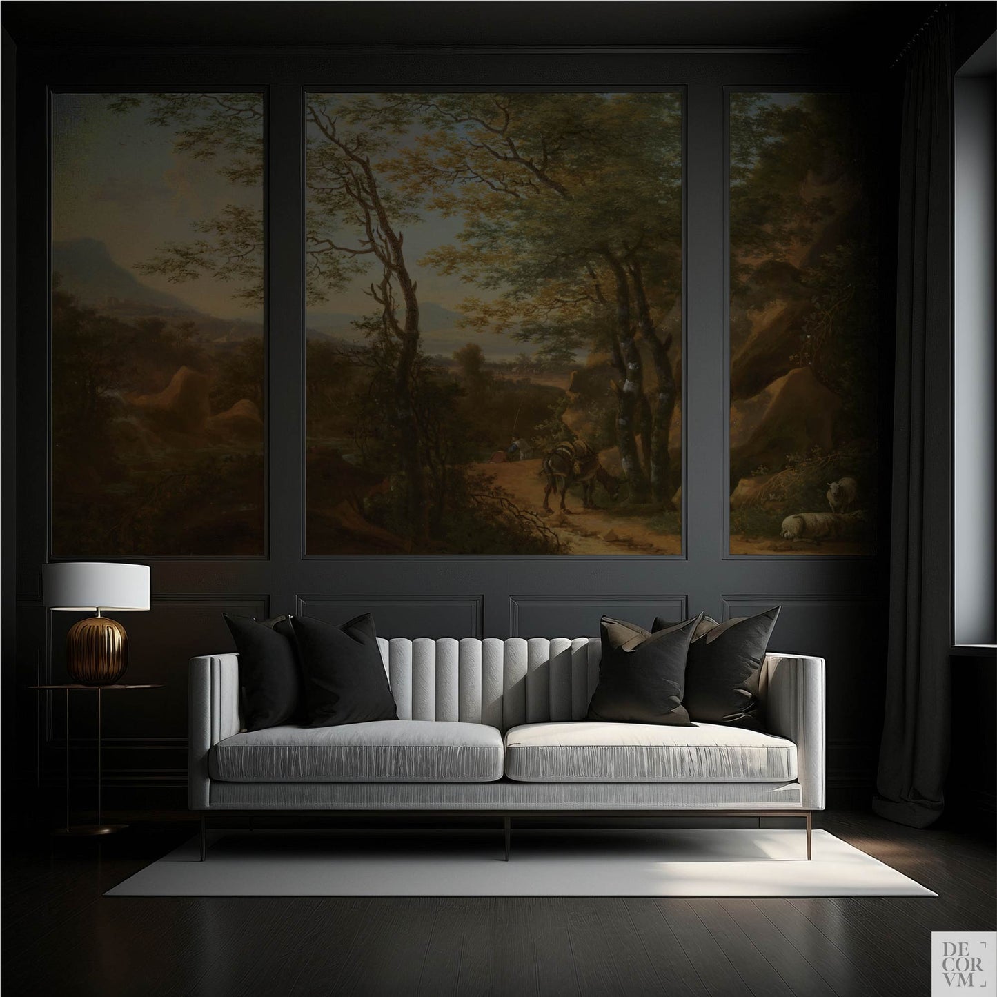 Italian mountain landscape wallpaper mural in an elegant dark living room — three framed art panels on charcoal walls for dramatic depth