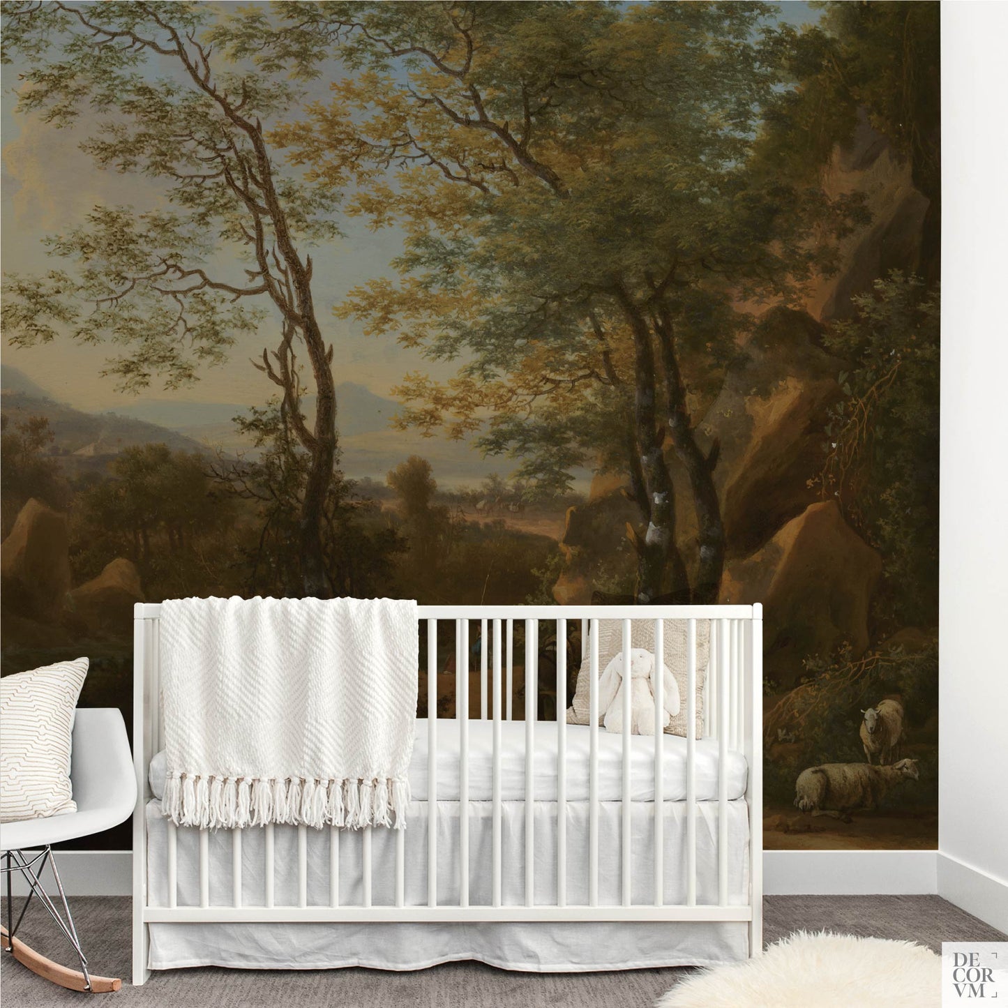Italian mountain landscape wallpaper mural in a gender-neutral nursery — peaceful historic nature scene behind a white crib for a baby room