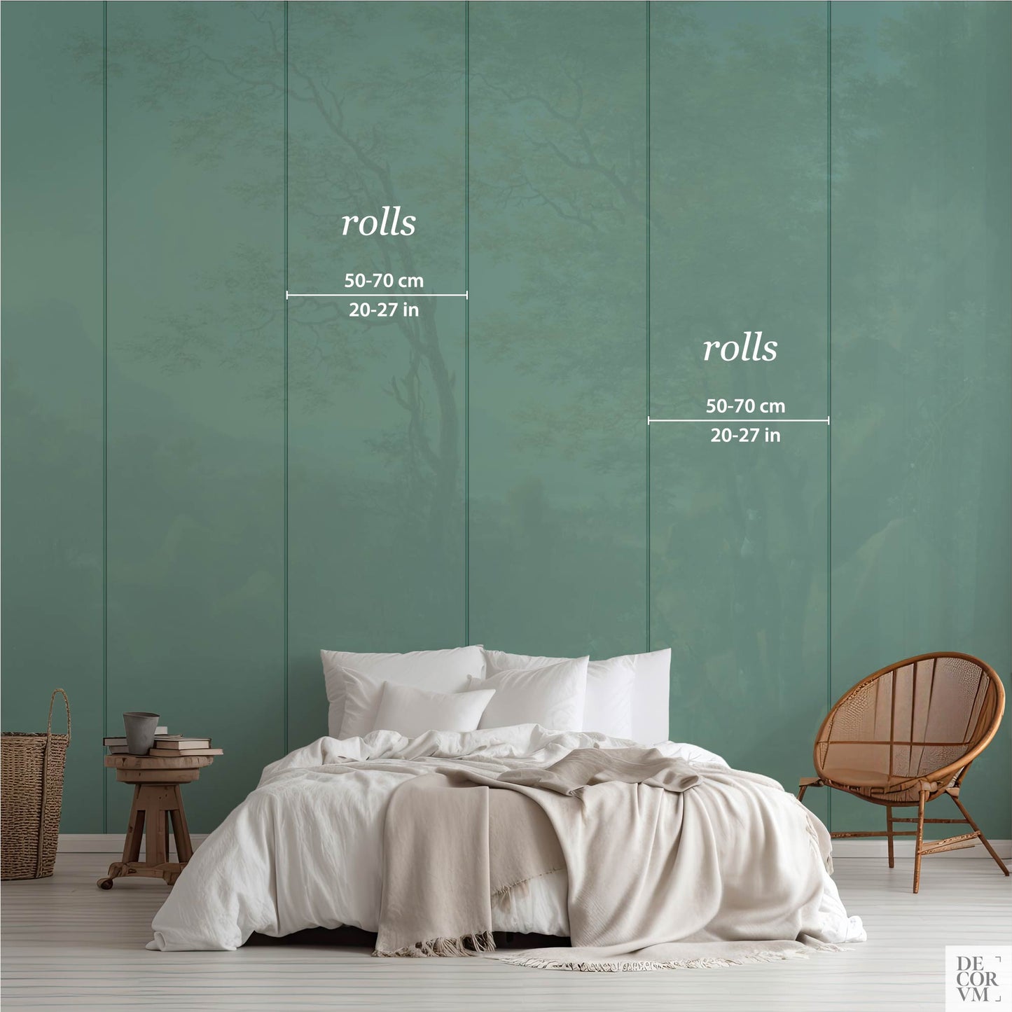 Italian mountain landscape wallpaper mural sizing chart — roll widths 50–70 cm (20–27 in) on a green wall for installation reference