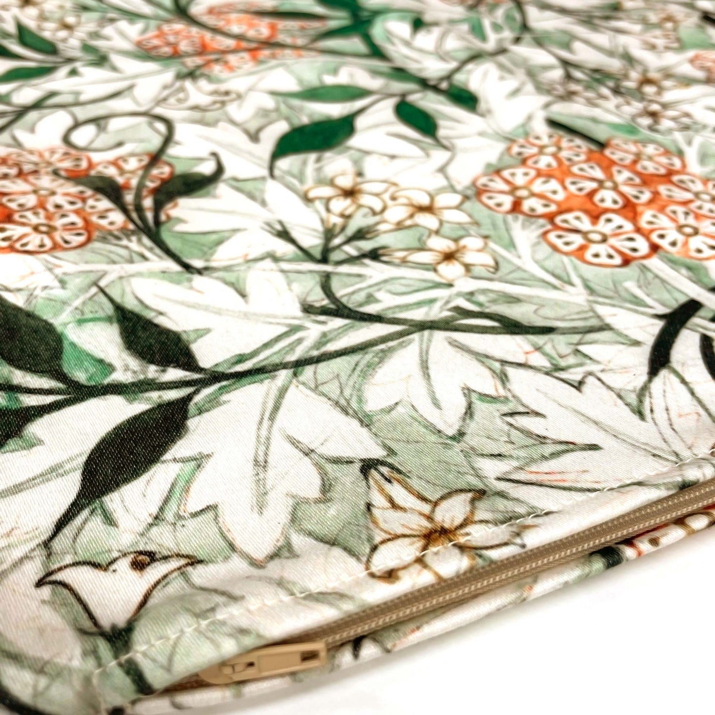 Corner edge detail of the William Morris Jasmine pillow cover showing the seam stitching and cotton-polyester weave.