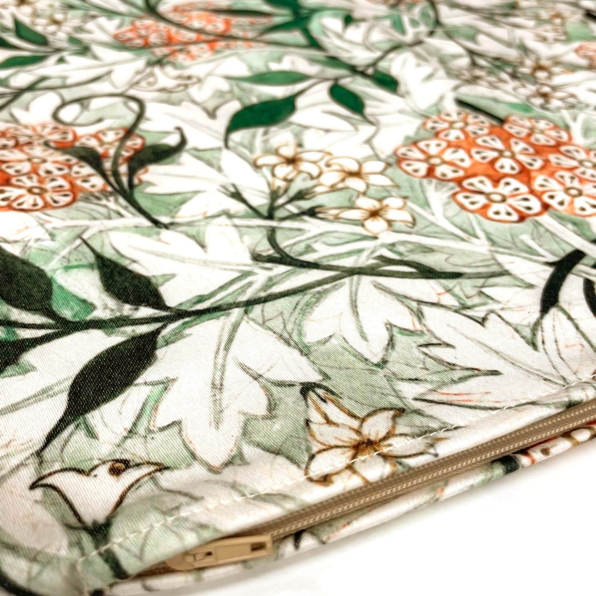 Corner edge detail of the William Morris Jasmine pillow cover showing the seam stitching and cotton-polyester weave.