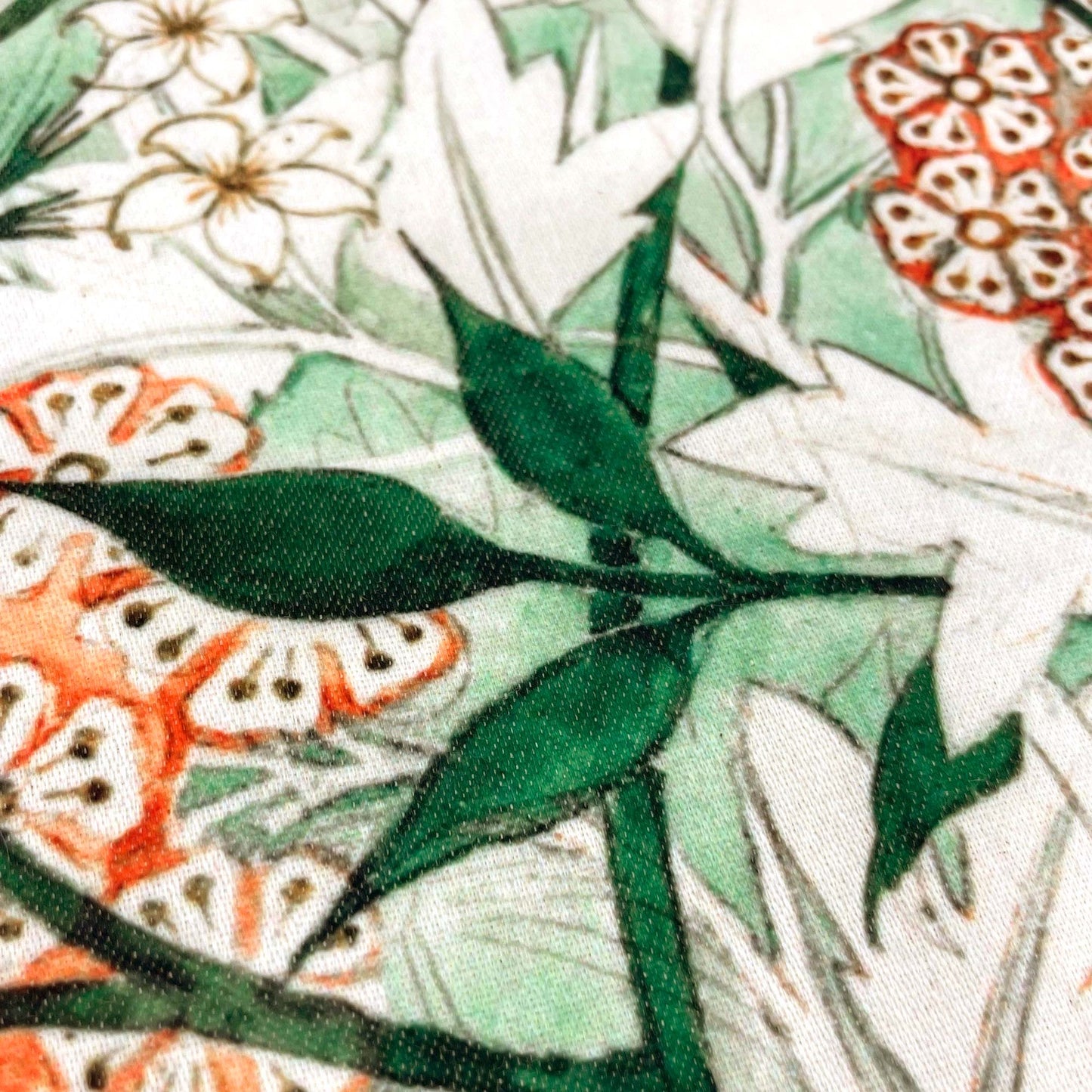 Close-up of green leaf motifs — design detail from William Morris's 1872 Jasmine pattern.