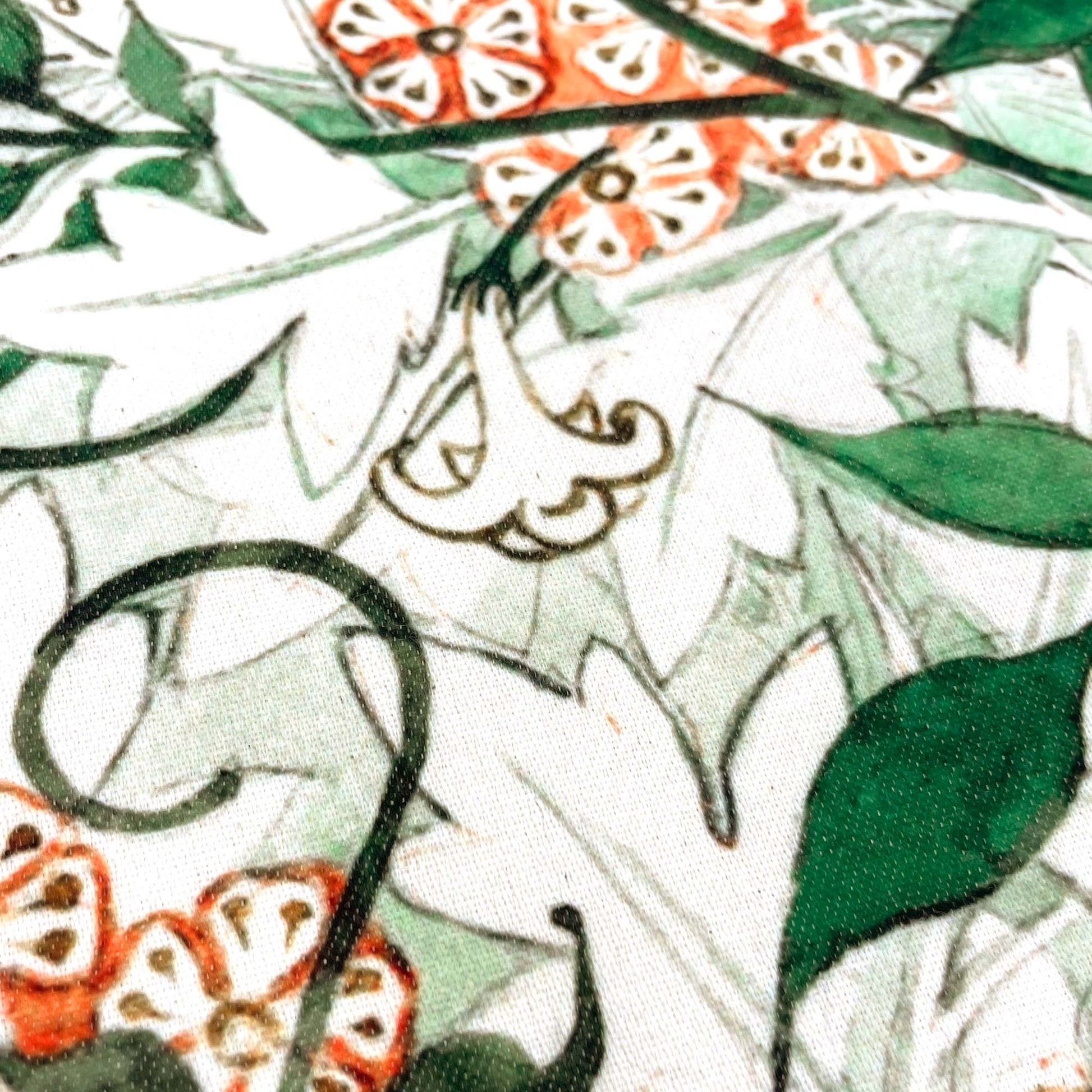 Close-up of white jasmine blossoms and curling vines — design detail from William Morris's 1872 Jasmine pattern.