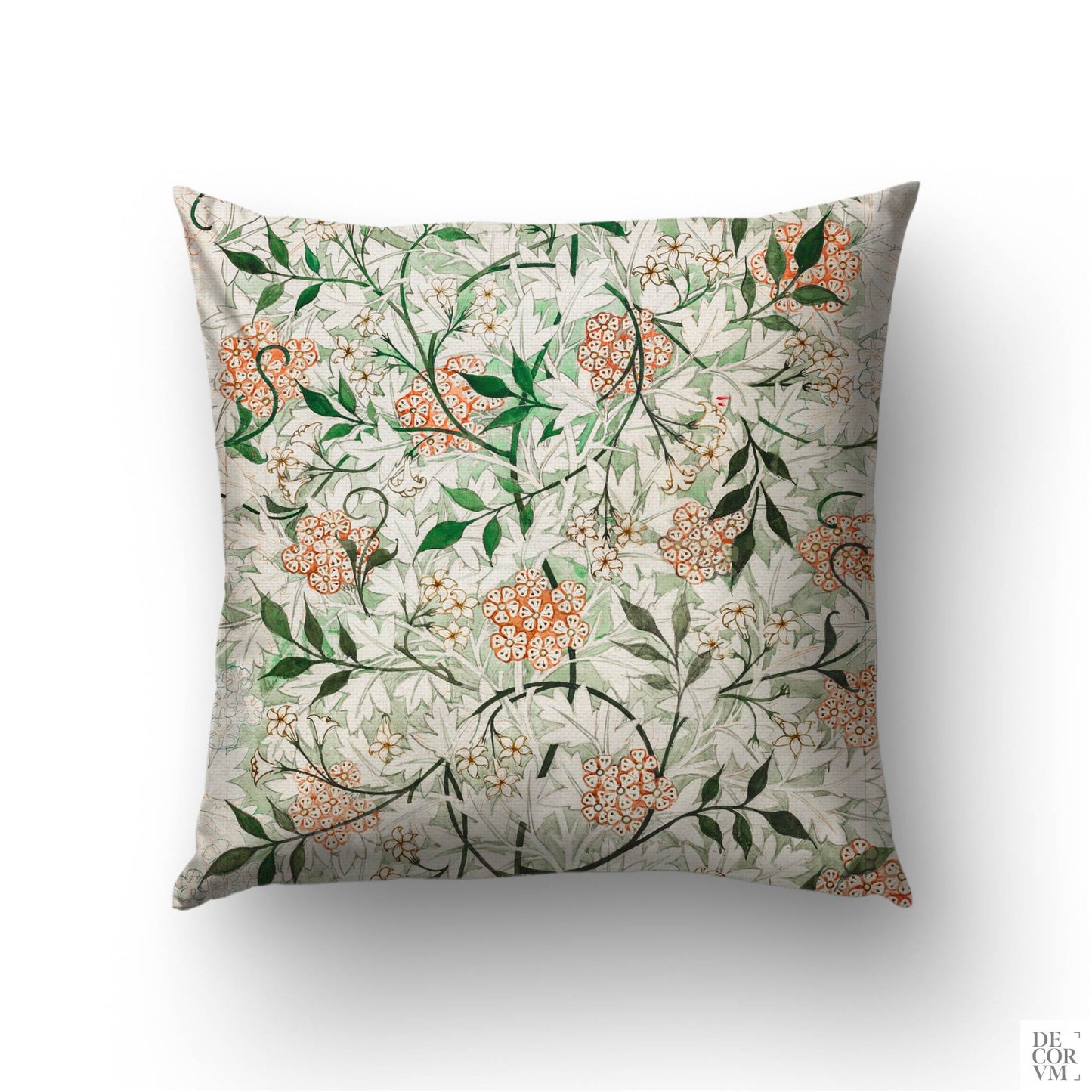 William Morris Jasmine throw pillow cover on a sofa — 1872 Arts and Crafts pattern with green vines and peach blossoms by Decorvm.