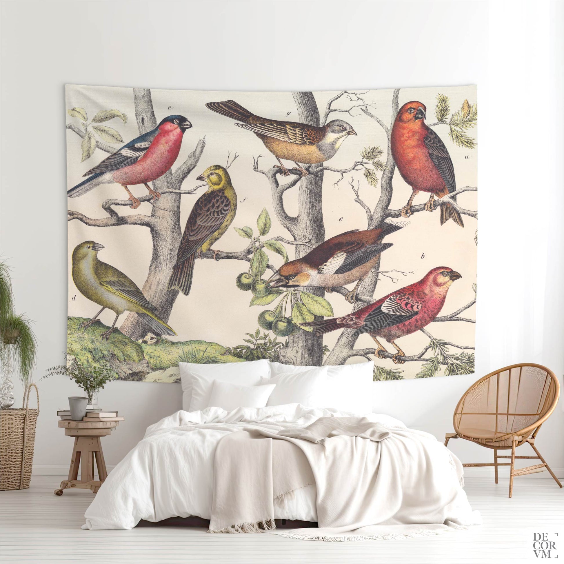 Large Vintage Ornithology wall tapestry hanging above a bed in a bright bohemian bedroom — colorful birds on branches, antique scientific illustration.