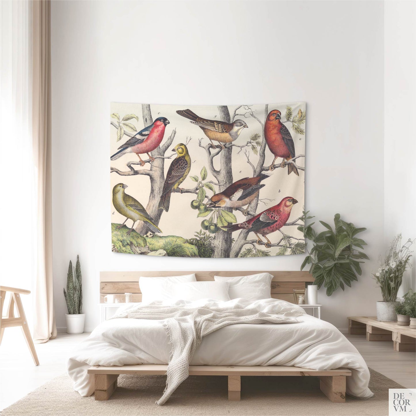 Medium Vintage Ornithology wall tapestry above a wooden platform bed in a minimalist airy bedroom — antique natural history charm.