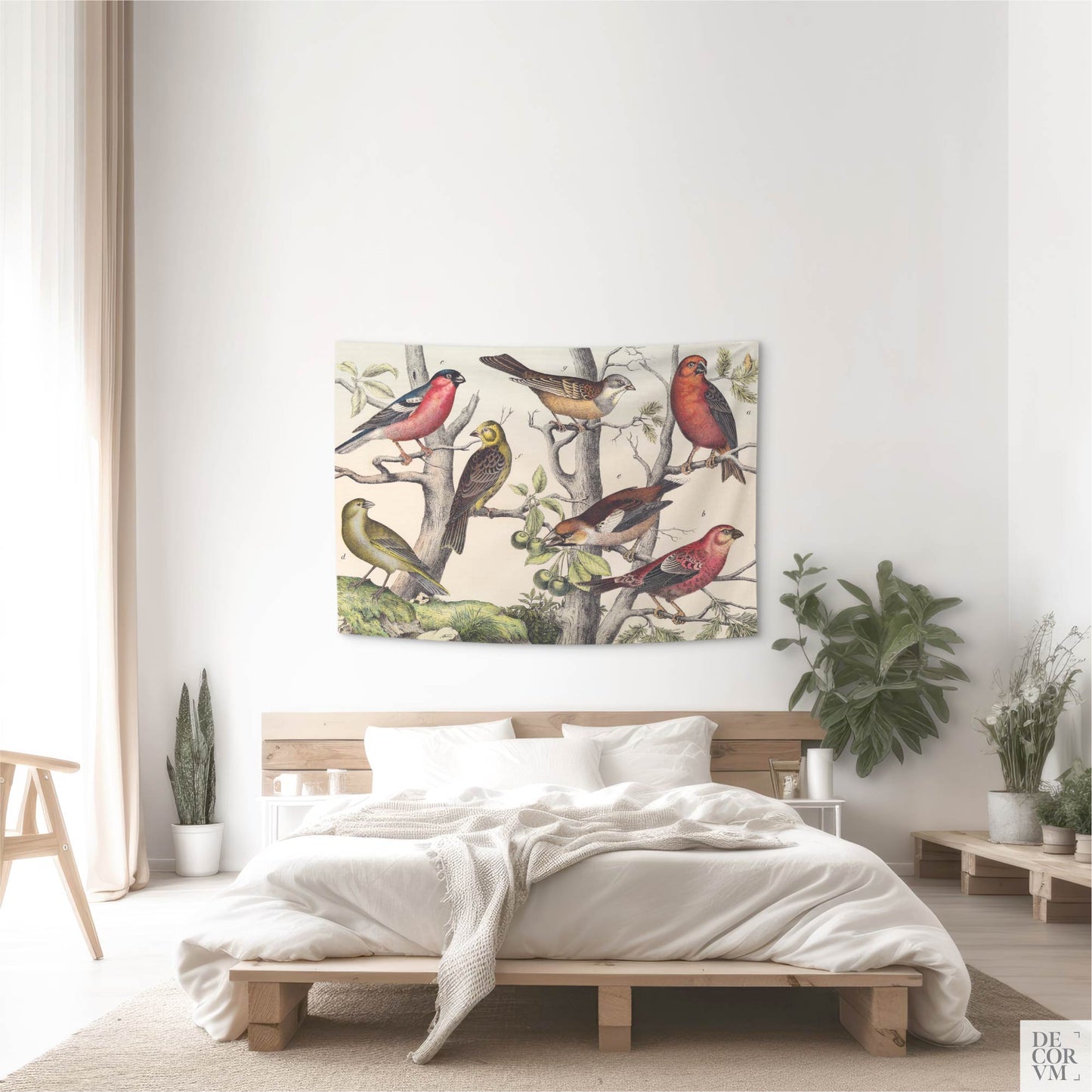 Small Vintage Ornithology wall tapestry above a modern light wood bed in a bright bedroom — vintage scientific illustration accent.