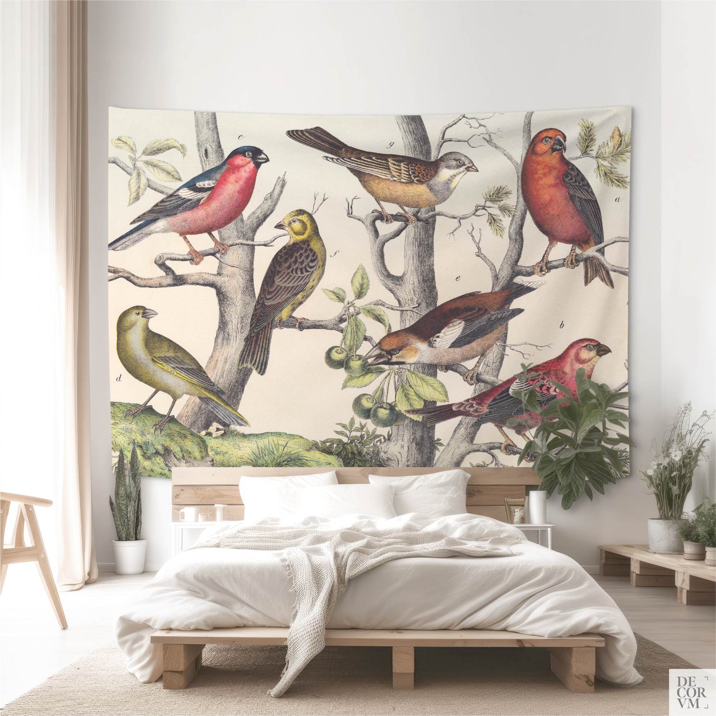 Large Vintage Ornithology wall tapestry as an oversized headboard alternative in a serene plant-filled bedroom.