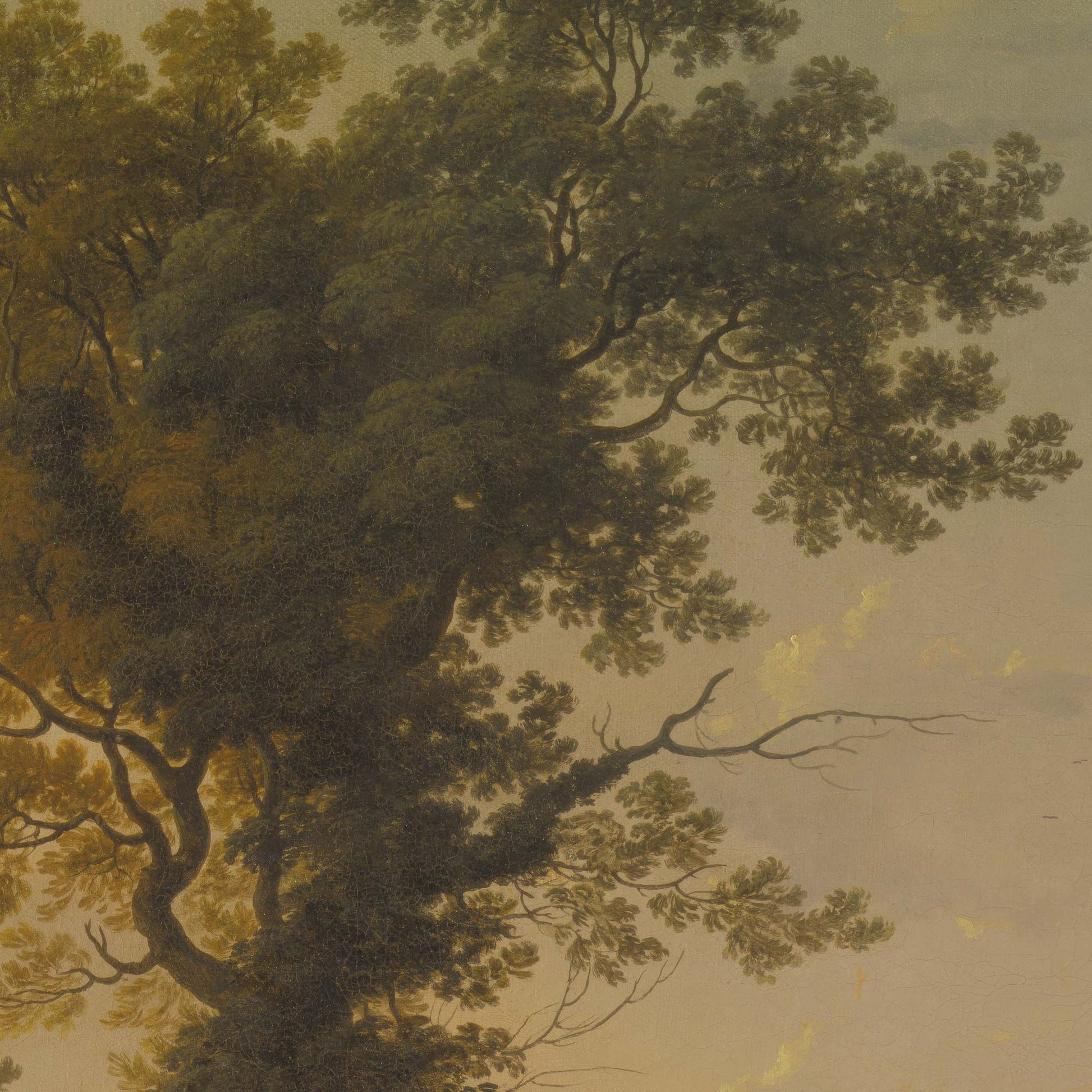 Close-up detail of the vintage pastoral mural showing the intricate foliage of a majestic tree against a soft sky, highlighting the 18th-century oil painting technique.
