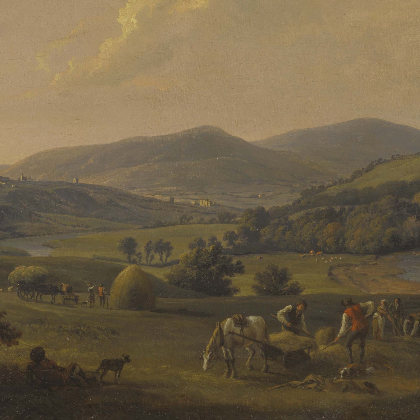 Macro detail of the English landscape mural featuring haymakers at work in a field with horses and a cart, capturing the rustic charm of 1780s rural life.