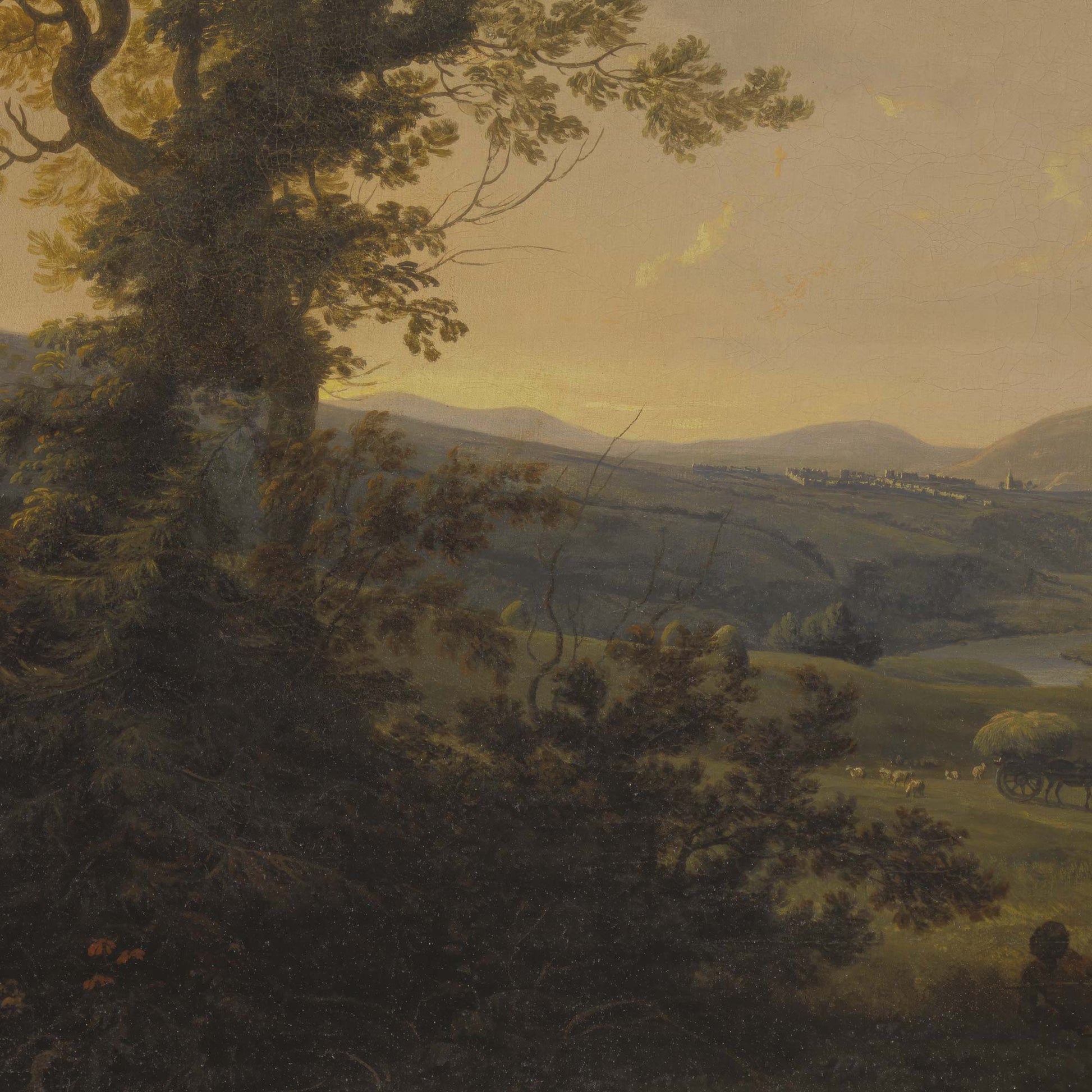 Texture detail of the Georgian art mural showing the contrast between shadowed foreground trees and the sunlit, rolling hills in the distance.