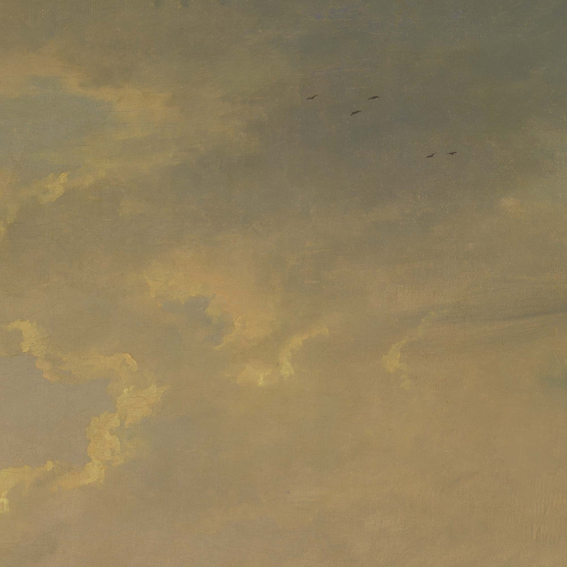 Atmospheric detail of the vintage wall mural showing a soft, painted sky with textured clouds and birds in flight.
