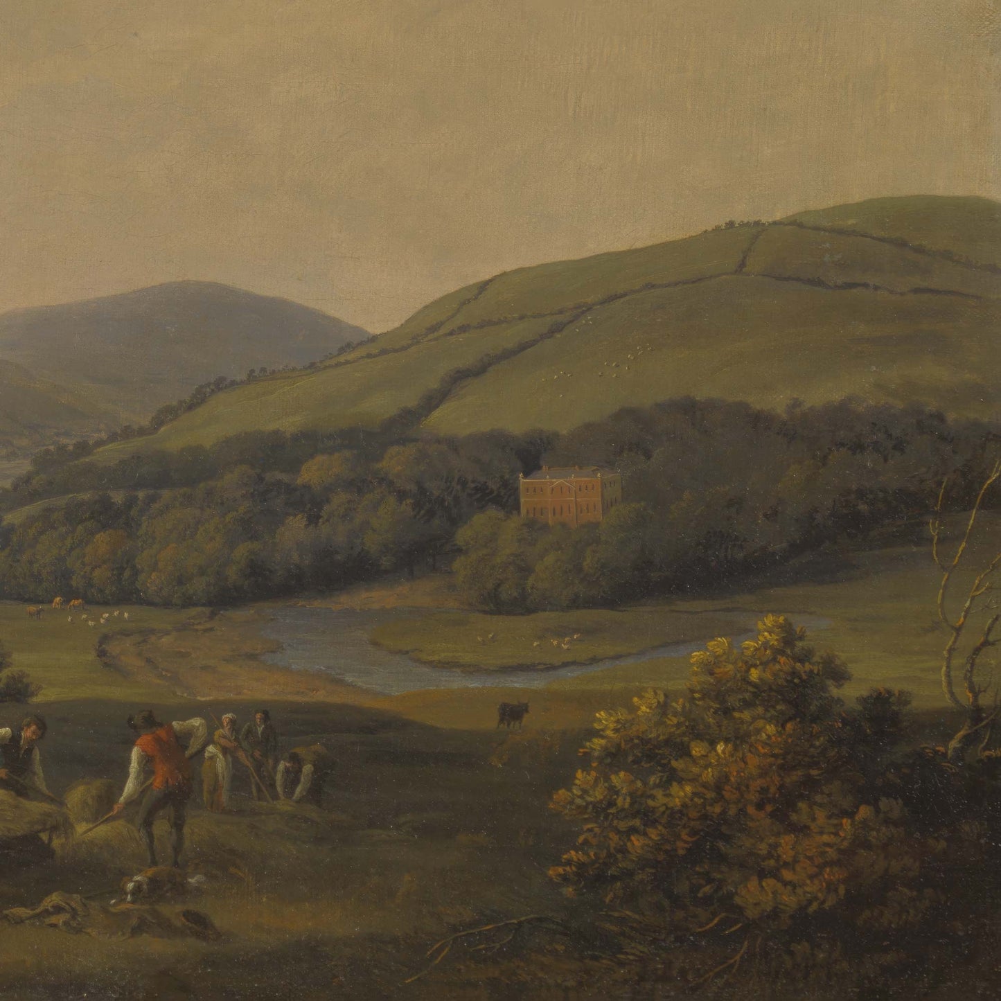 High-resolution detail of the landscape painting showing a distant Georgian house nestled among trees and rolling green hills near a winding river.