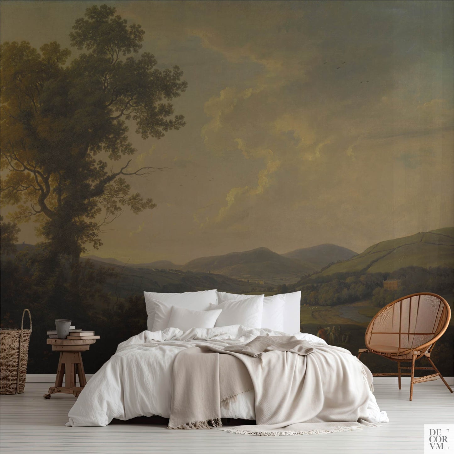 Full wall vintage English pastoral landscape mural installed in a bright bedroom, featuring William Ashford's 1780 Georgian art with rolling hills and a large tree behind a white bed.
