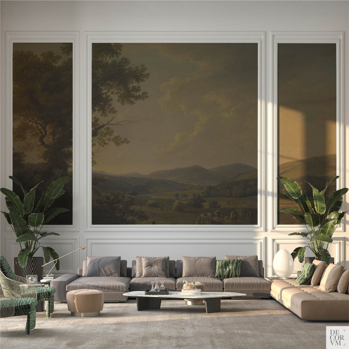 Luxurious living room showcasing the vintage English countryside mural framed within classic white wall molding, creating an elegant triptych art effect with scenic views of a Georgian estate.