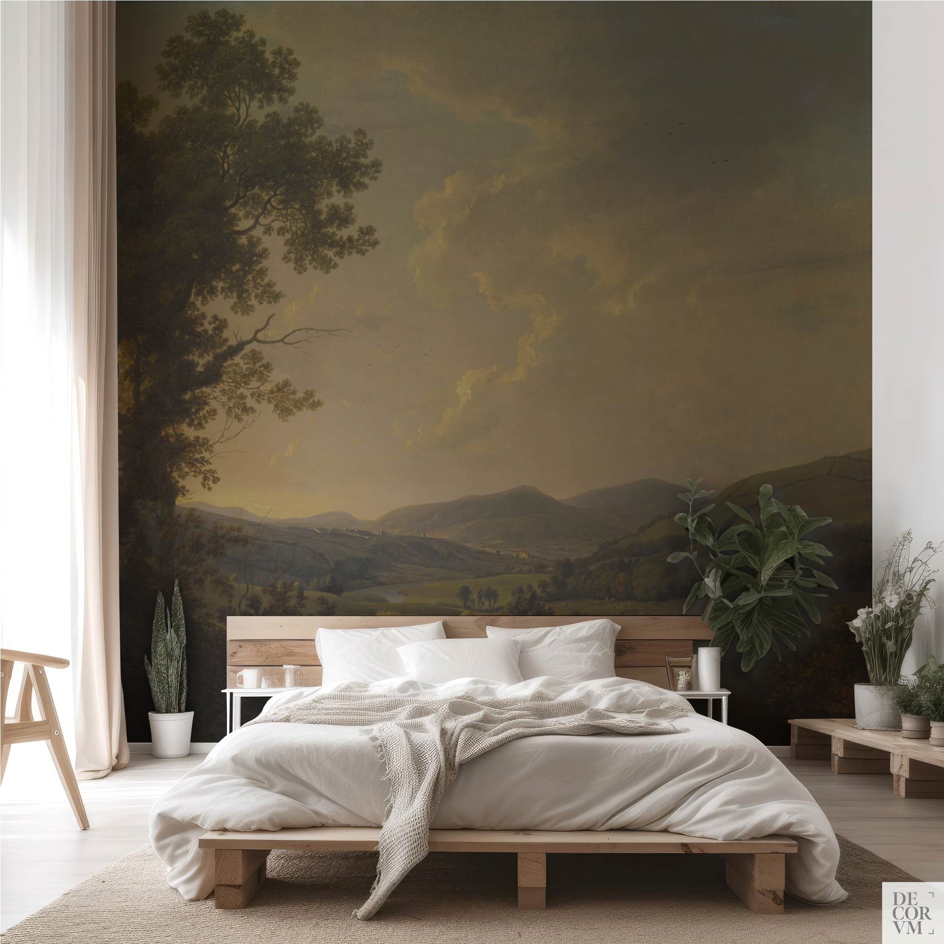 Cozy bedroom interior with a natural wood platform bed set against a vintage English pastoral landscape mural, evoking a serene, historic countryside mood with soft greens.